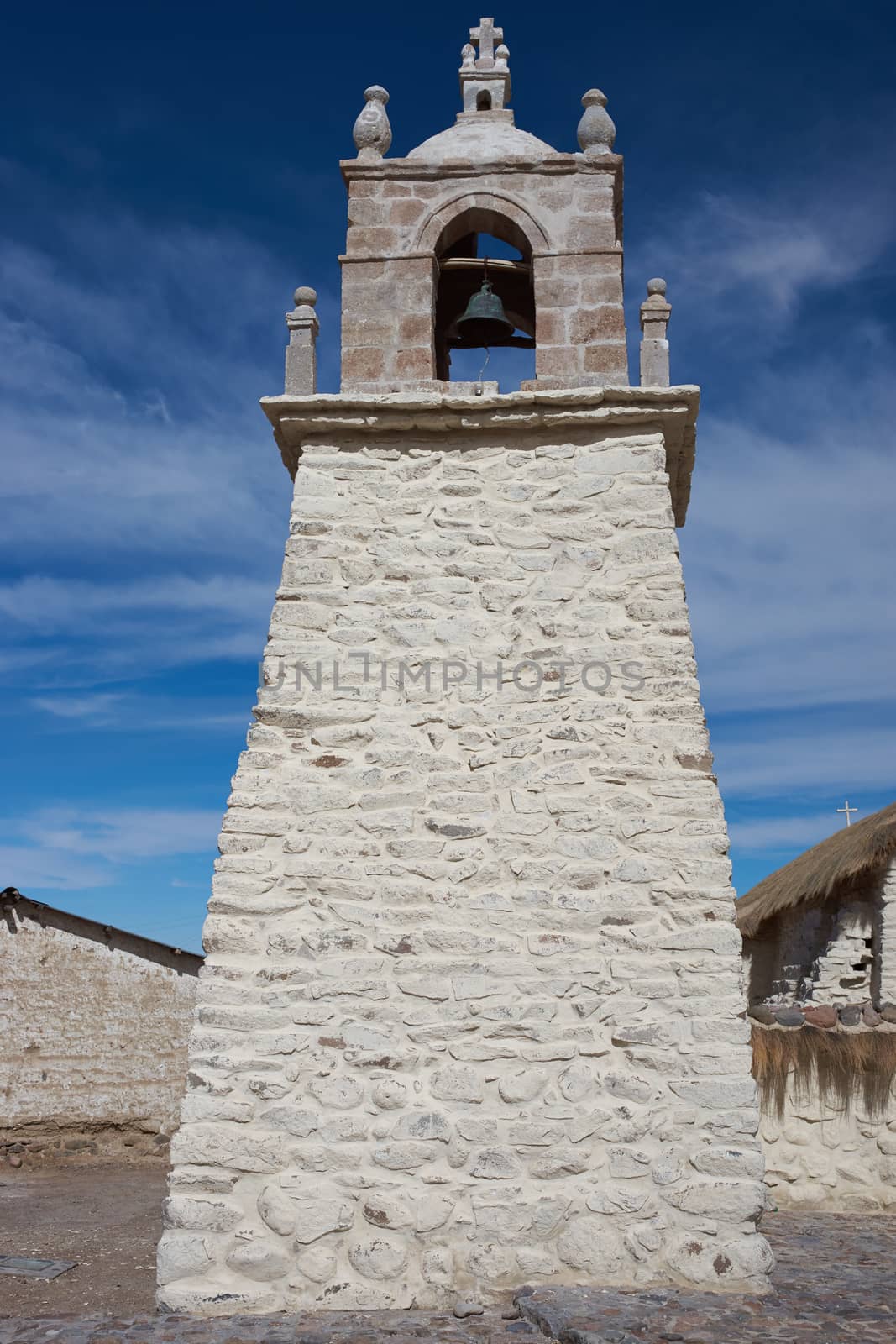 Historic church in the small village of Guallatire on the Altiplano in the Arica y Parinacota Region of Chile. The village sits at the base of the active Guallatire Volcano.