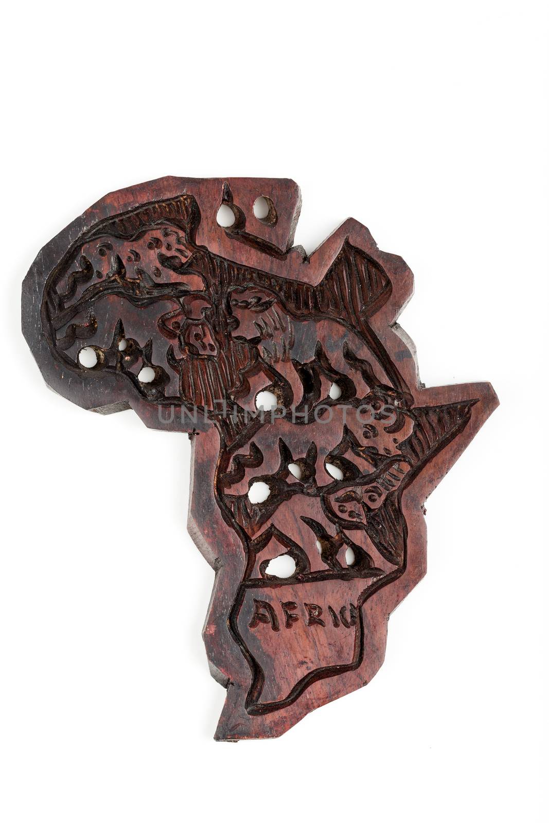 wooden map of continent africa with animals silhouette, big five
