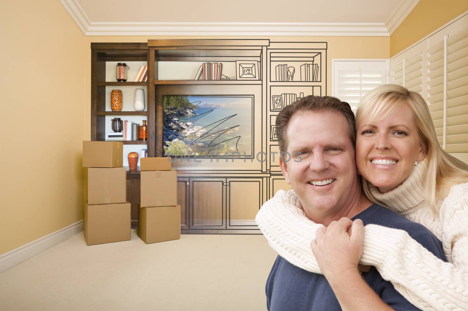 Young Couple In Room With Drawing of Entertainment Unit On Wall by Feverpitched