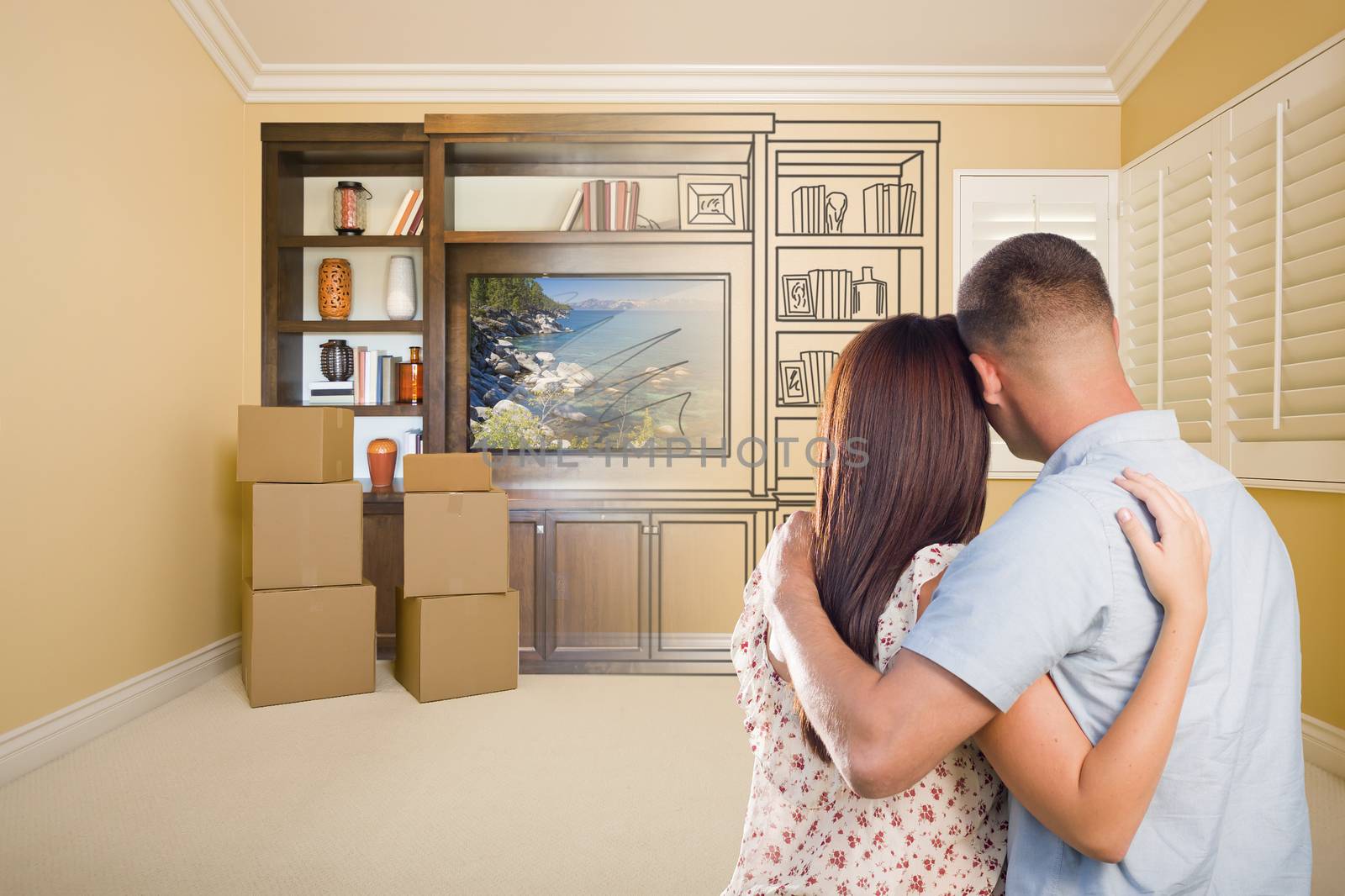 Young Couple Looking At Drawing of Entertainment Unit In Room by Feverpitched