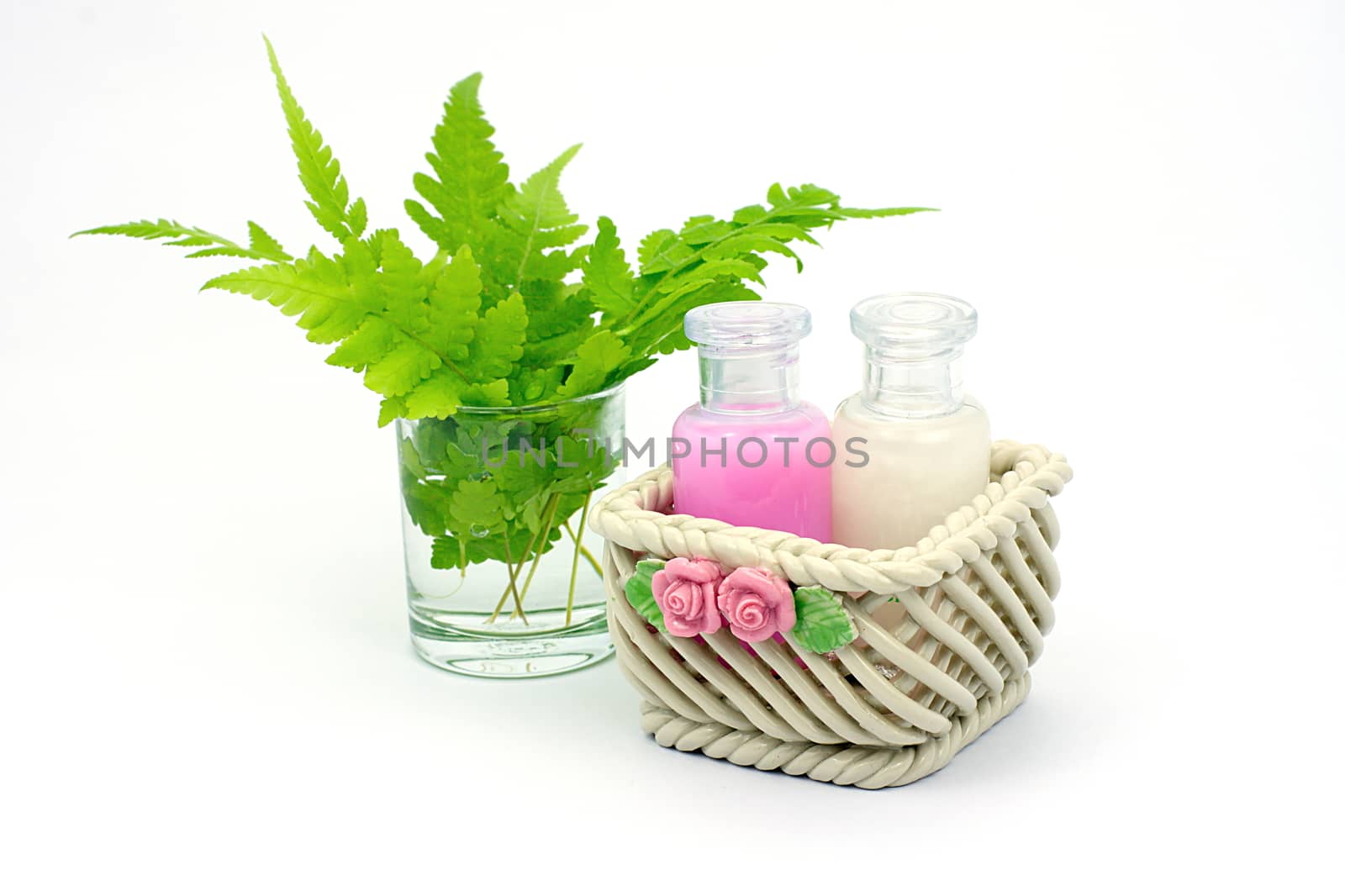Shampoo and Shower gel put in ceramic basket on white background. Shampoo, Shower gel bottles with green leaves in a glass of water.