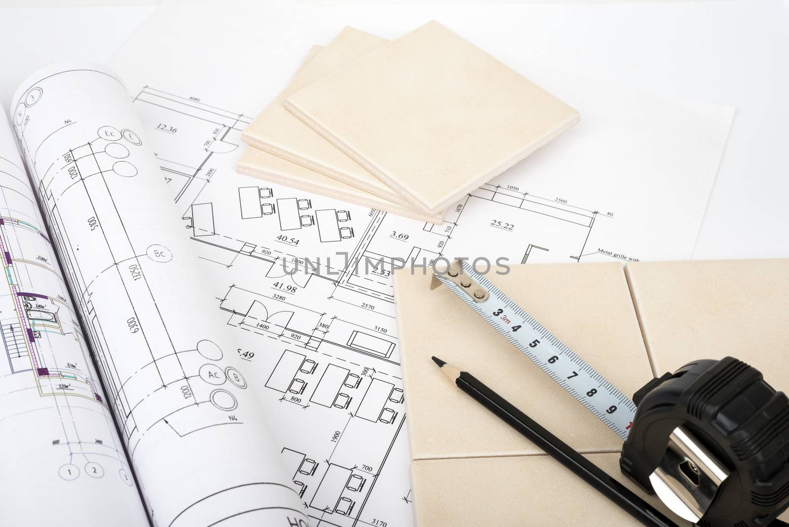 Set of tiles and tile wall with blueprints and meter isolated on white background