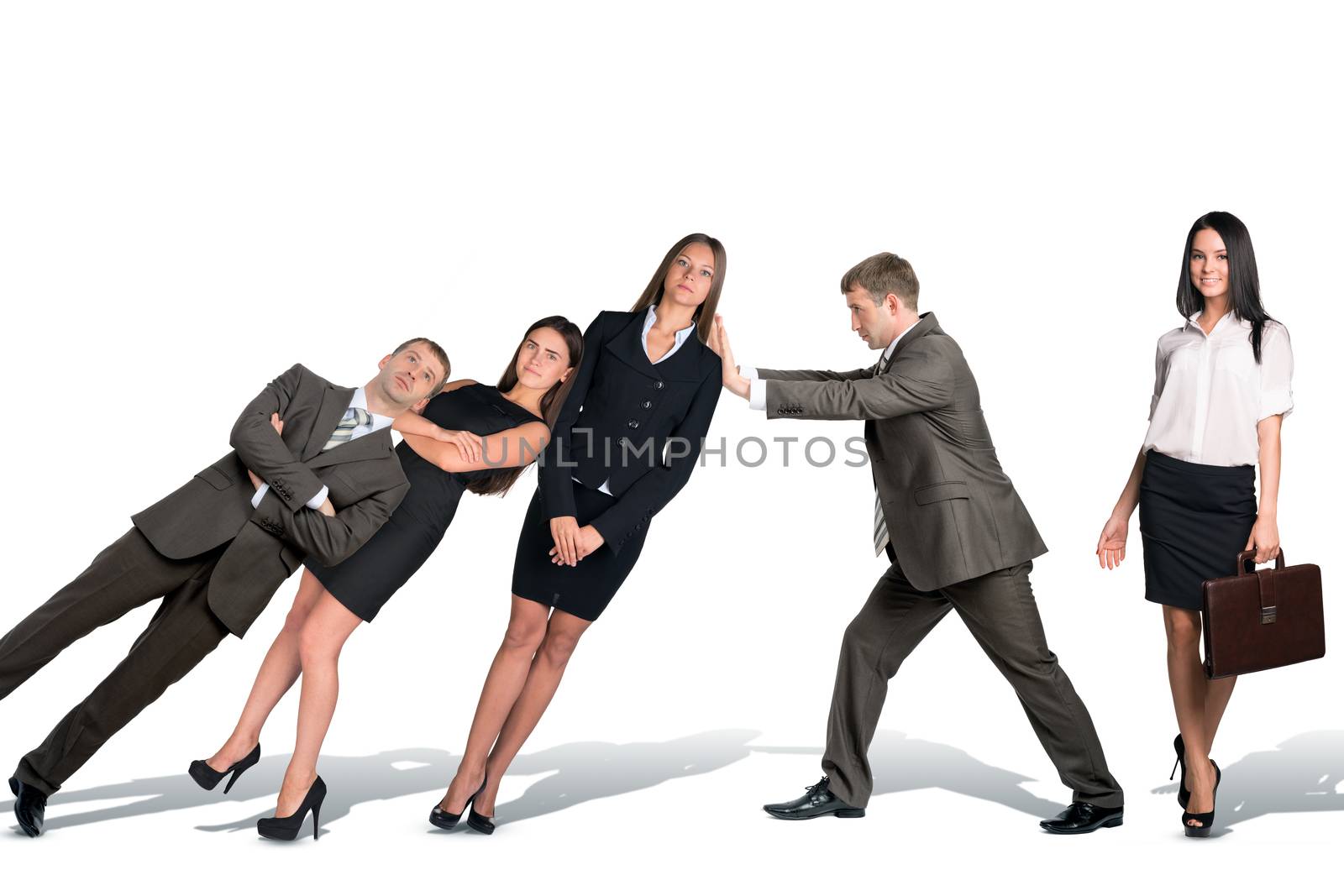 Businessman supporting falling paople isolated on white background