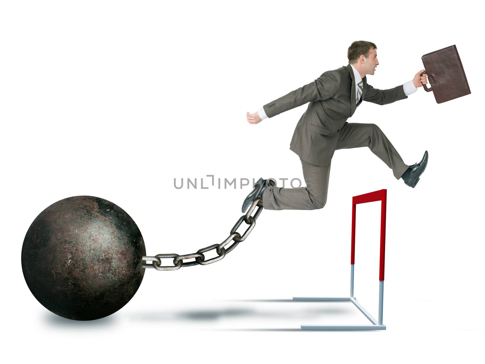 Businessman with irong ball hoppig over barrier isolated on white background, competition concept