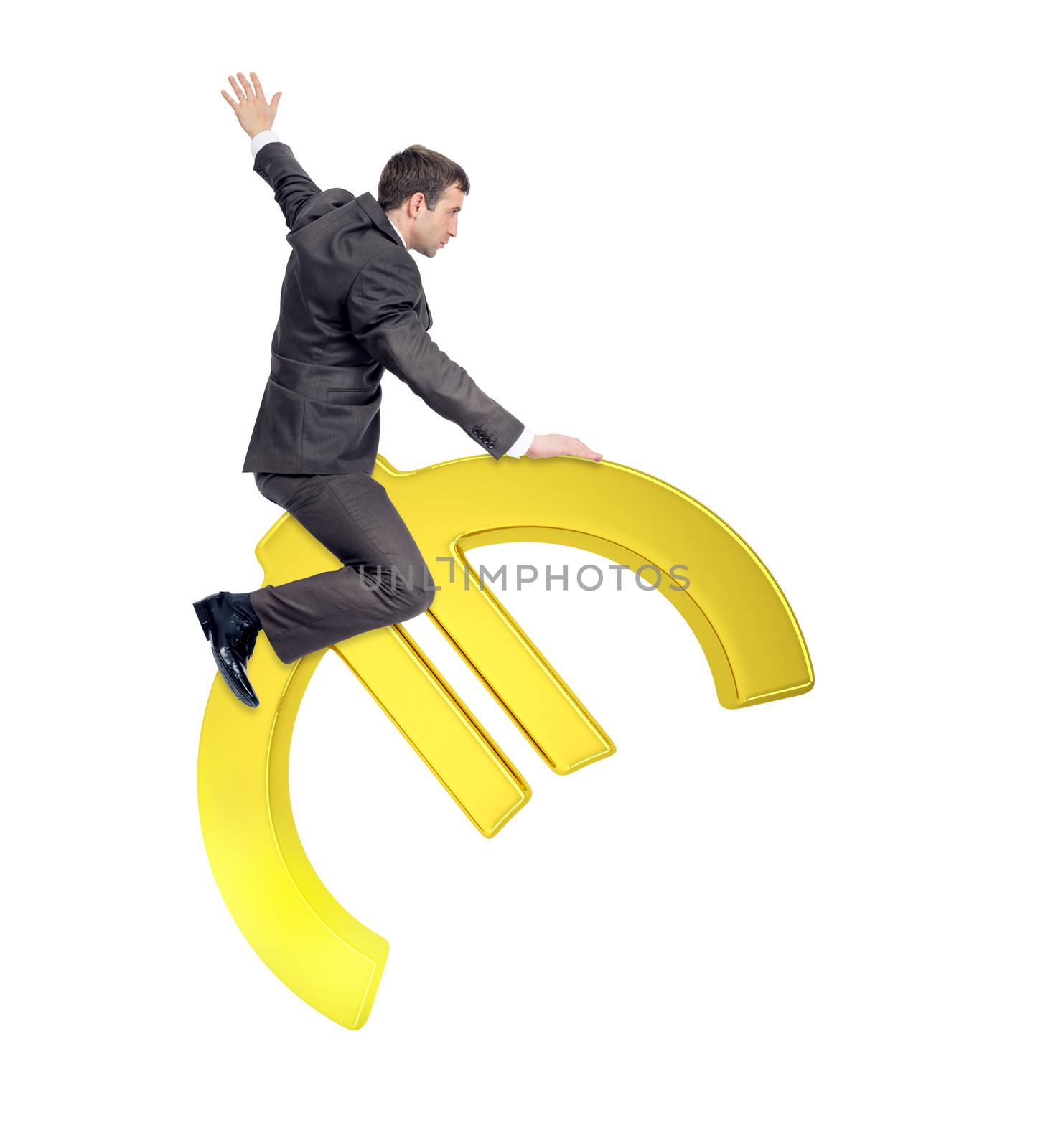 Businessman riding golden euro sign by cherezoff