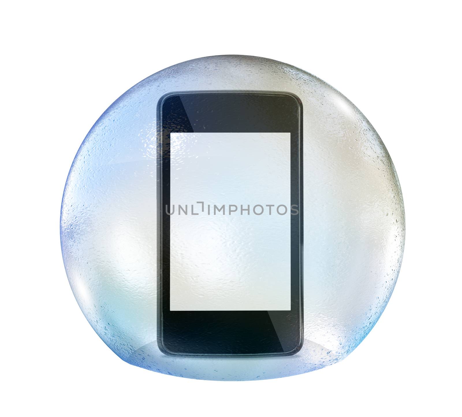 Smartphone in soap bubble isolated on white backgound. 3D rendering