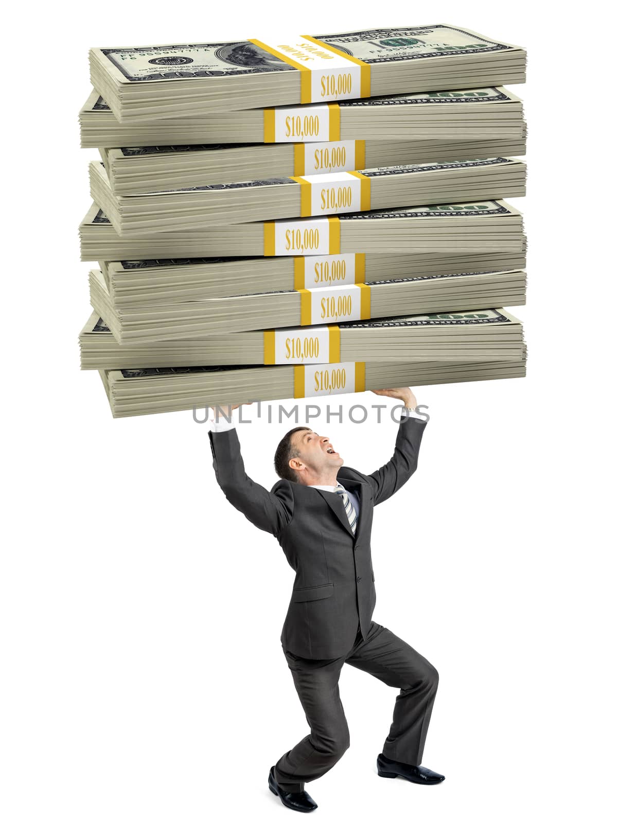 Businessman holding big cash isolated on white background