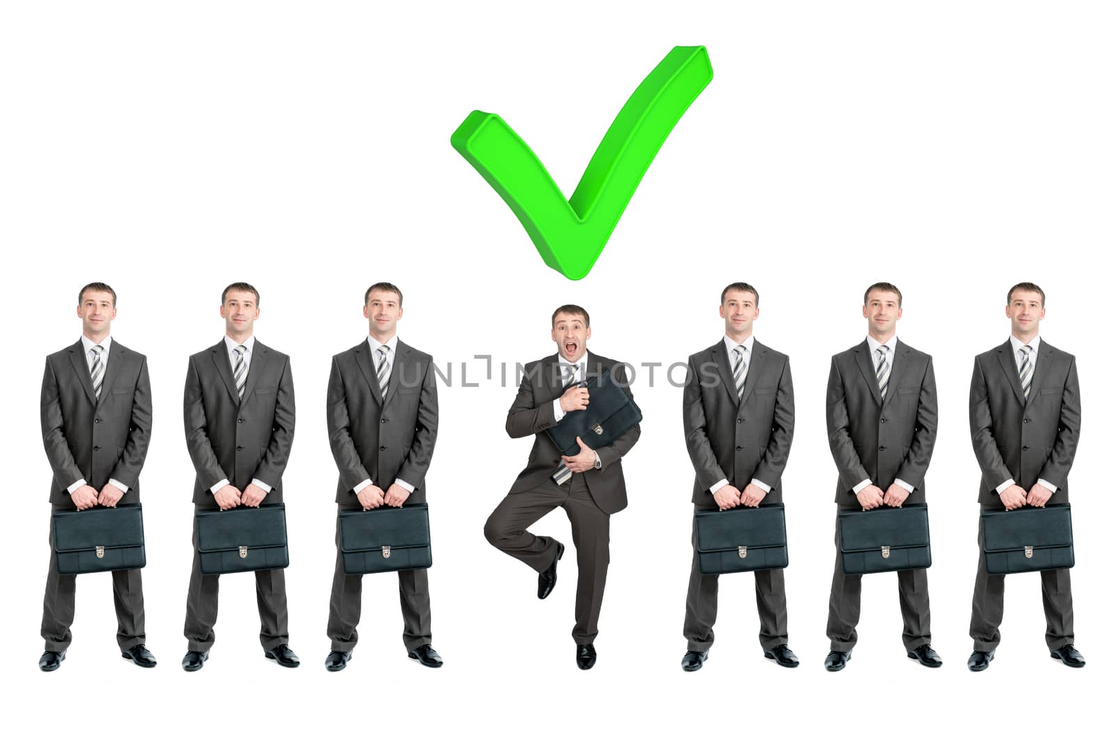 Set of businessmen with green tick isolated on white background