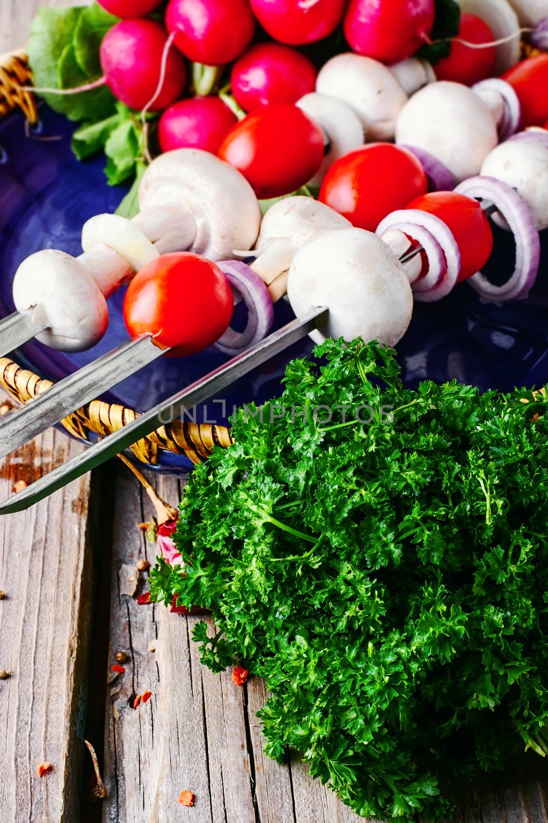 Mushrooms,tomatoes and onions on skewers,prepared for grilling