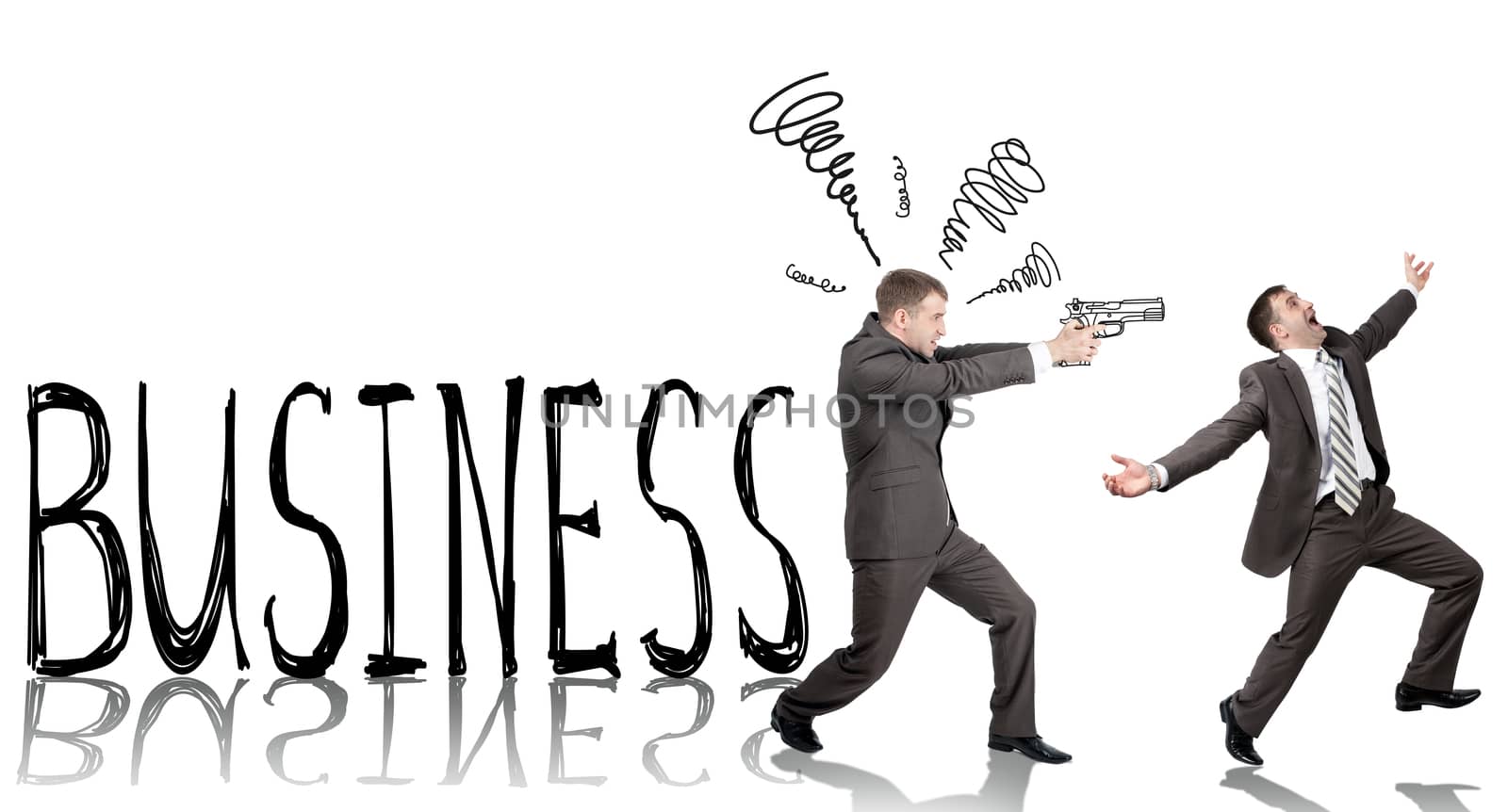 Businessman shooting  another man with word business isolated on white background