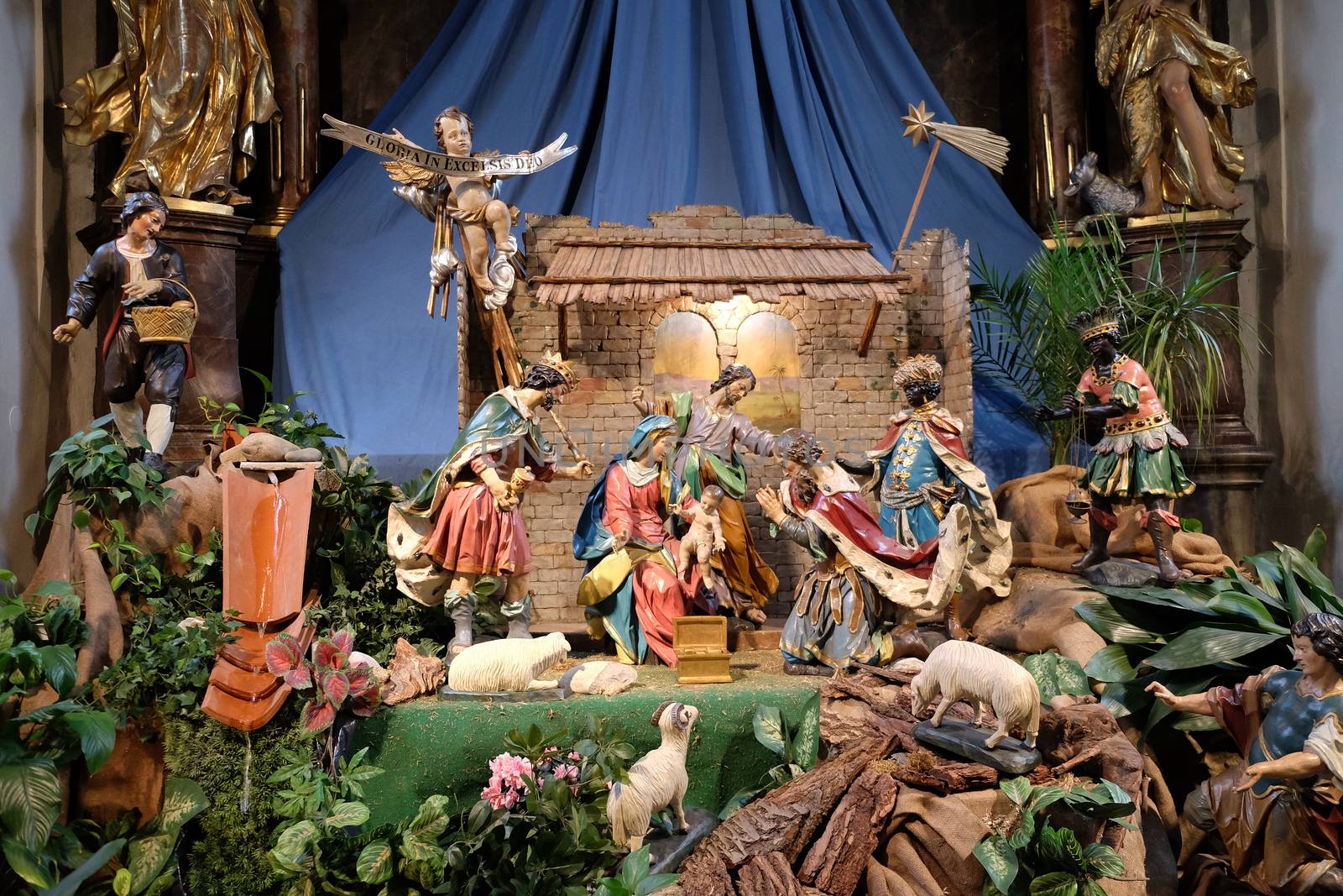 Nativity scene, creche, or crib, birth of Jesus in Mariahilf church in Graz, Styria, Austria