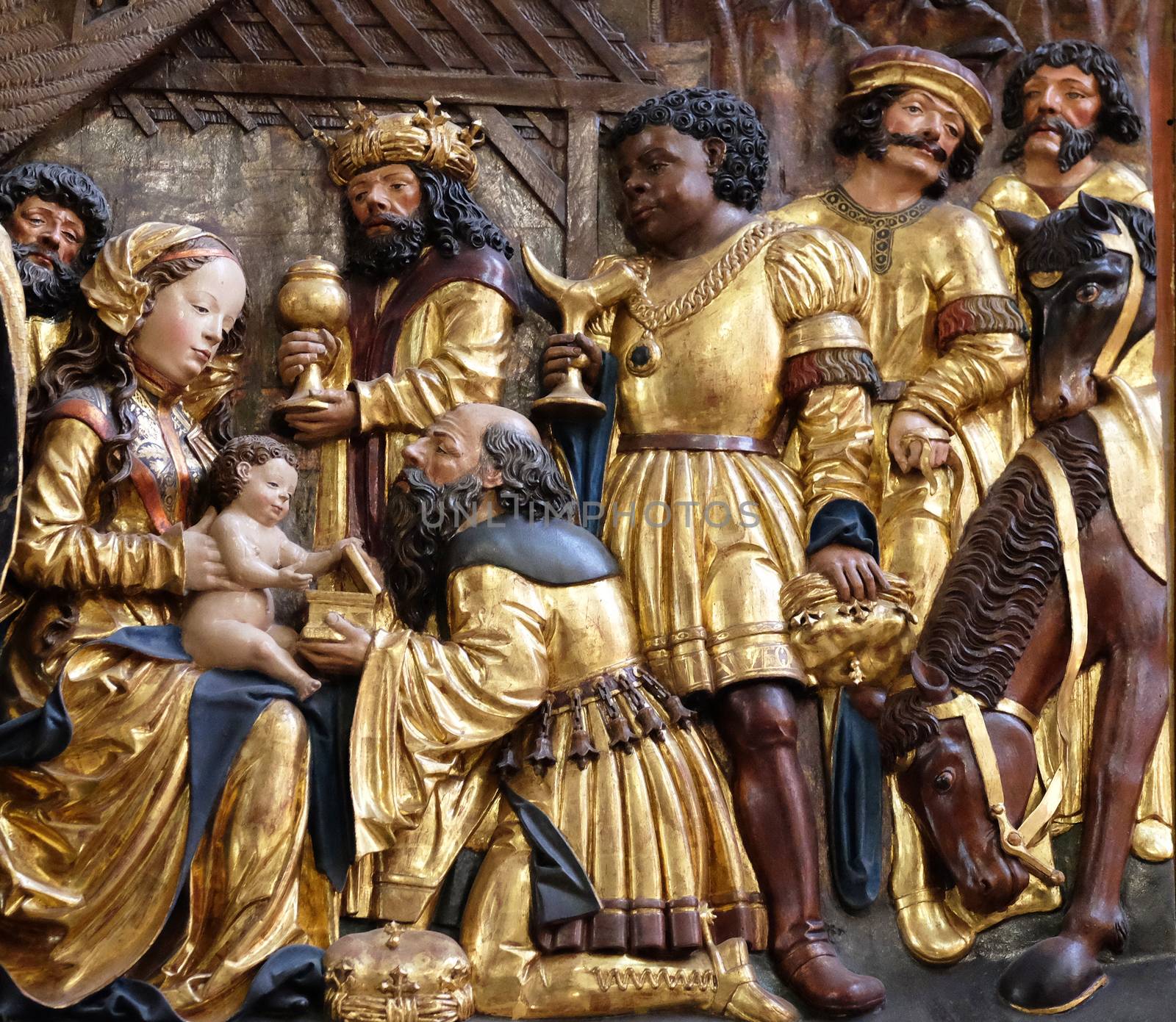 Nativity scene, adoration of the Magi, Maria am Berg church in Hallstatt, Austria.