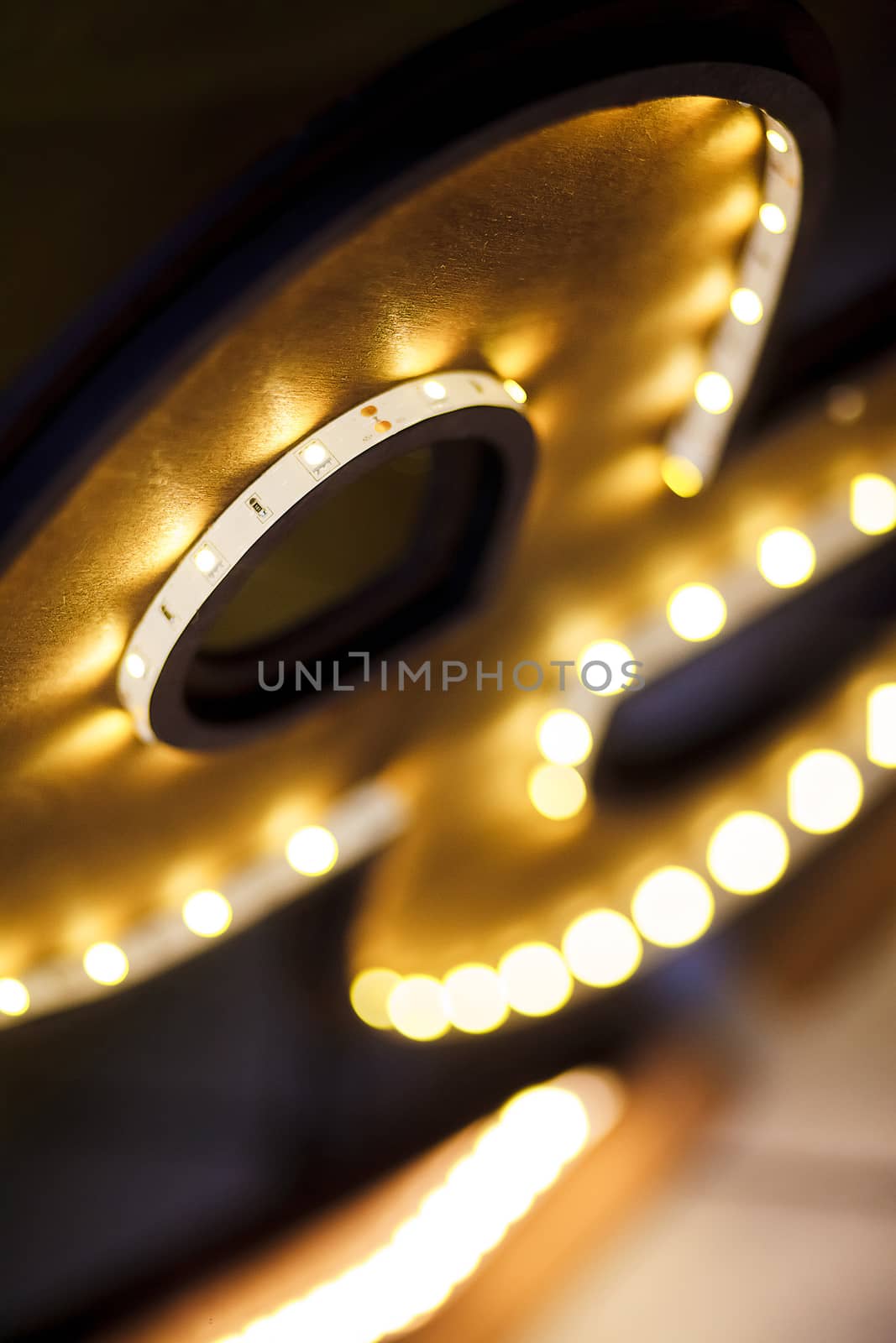 LED strip in a wooden frame, shallow depth of field