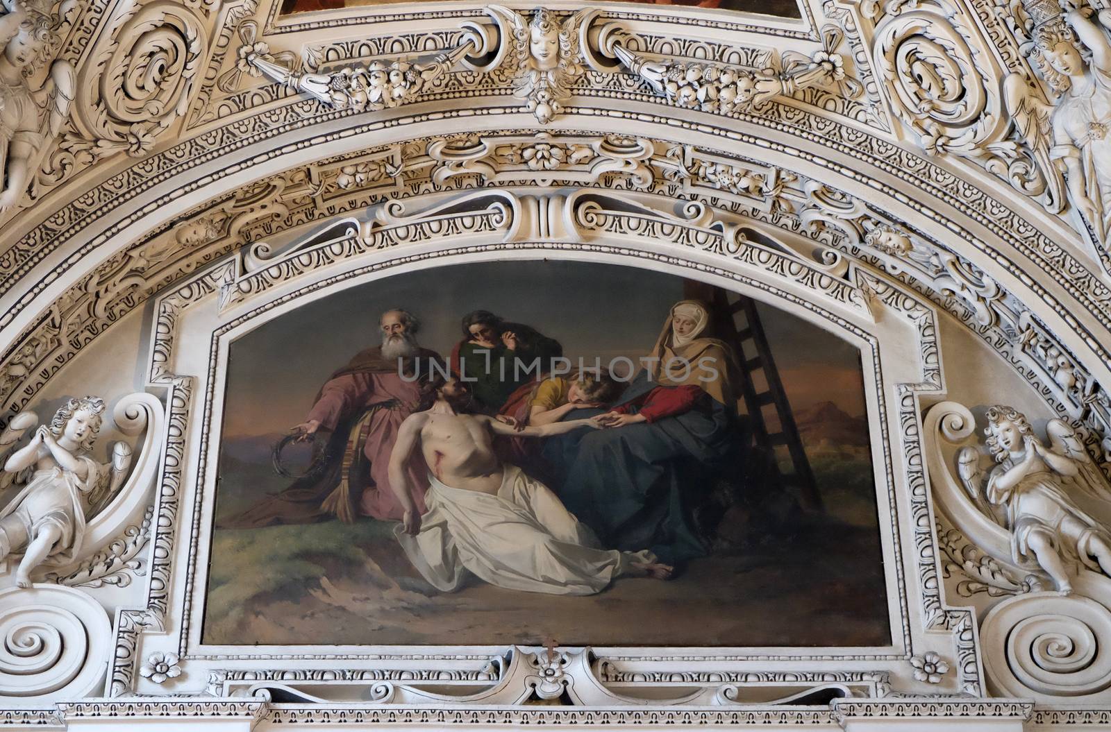 13th Stations of the Cross, Jesus' body is removed from the cross, fragment of the dome in Salzburg Cathedral in Salzburg, Austria.