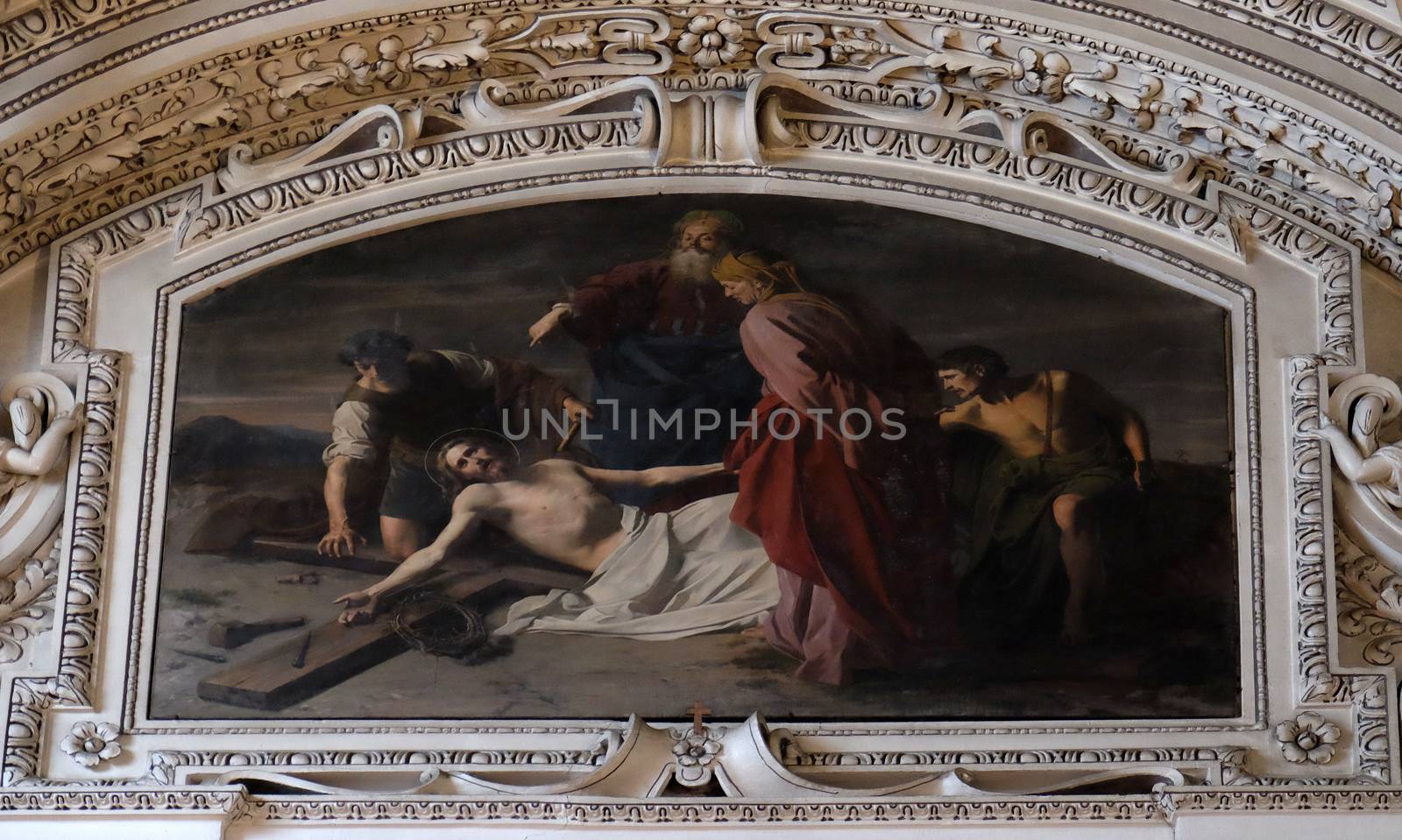 11th Stations of the Cross, Crucifixion: Jesus is nailed to the cross, fragment of the dome in Salzburg Cathedral