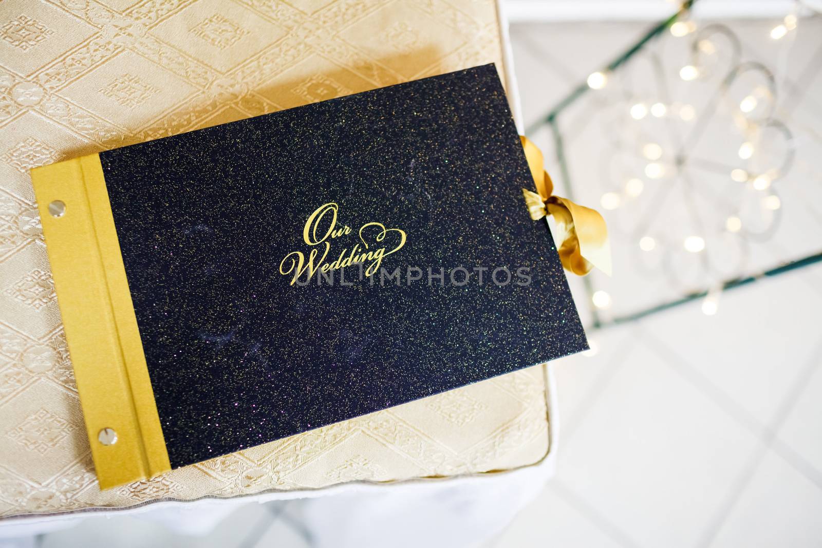 Our wedding photo album decorated with gold, photographic story of day. by Maynagashev