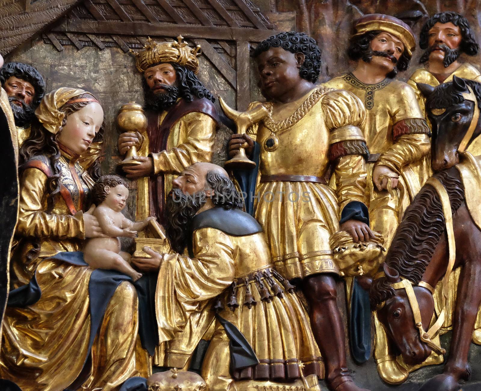 Nativity scene, adoration of the Magi, Maria am Berg church in Hallstatt, Austria.