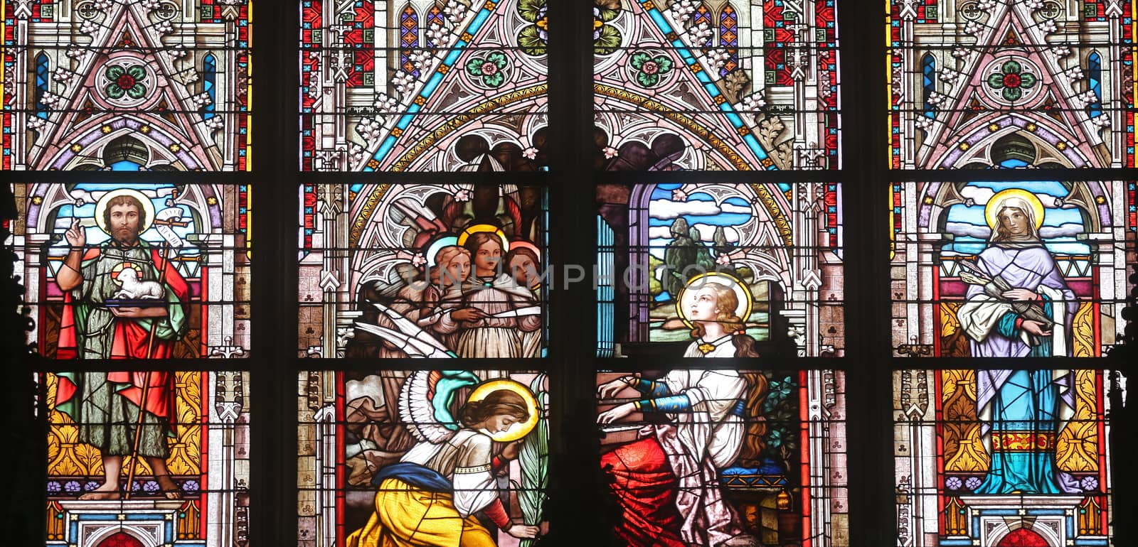 Saint Cecilia, stained glass in Minoriten kirche in Vienna, Austria