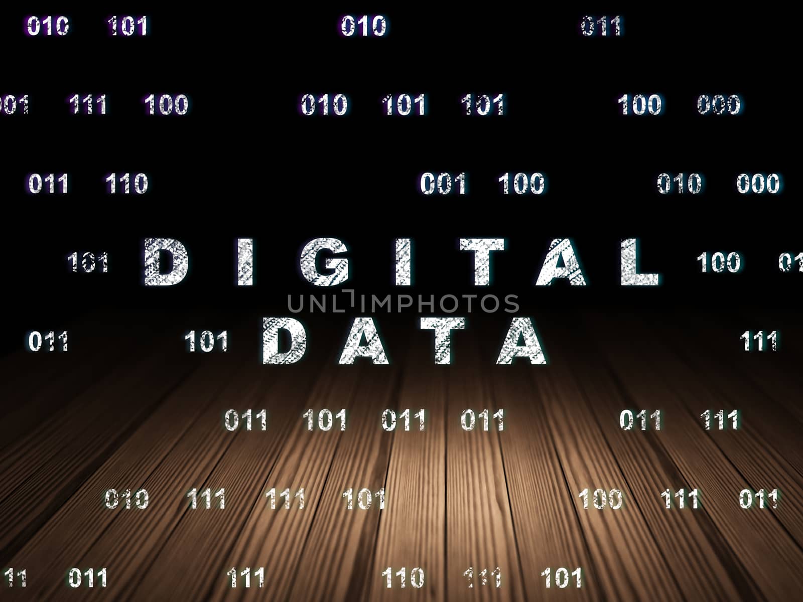 Information concept: Glowing text Digital Data in grunge dark room with Wooden Floor, black background with Binary Code