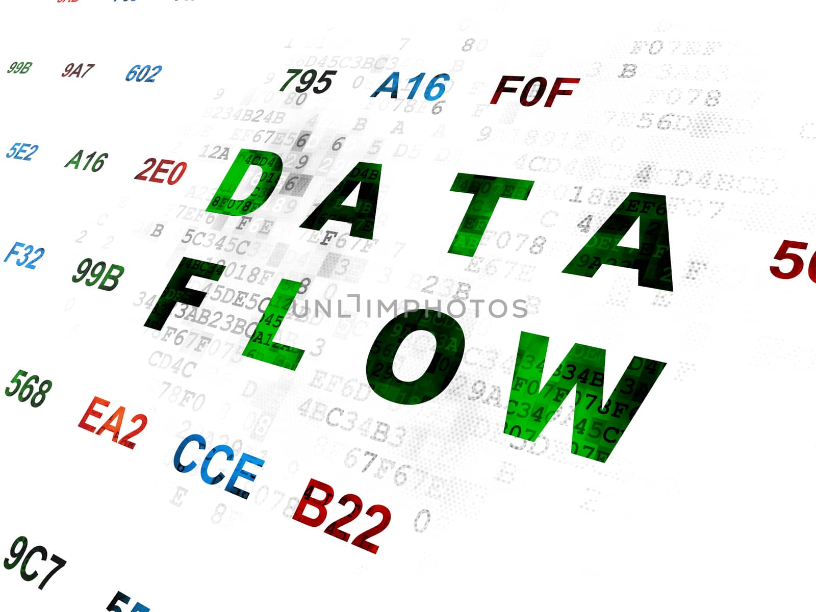 Data concept: Pixelated green text Data Flow on Digital wall background with Hexadecimal Code