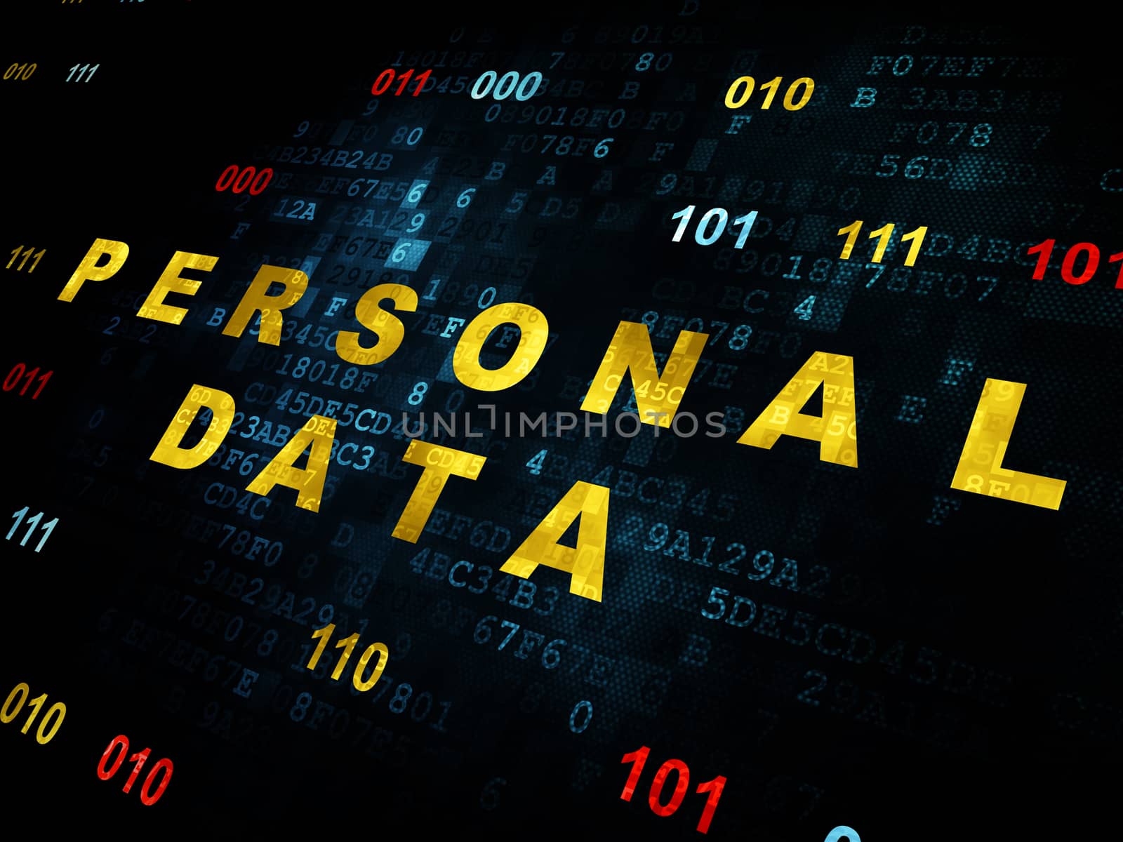 Information concept: Pixelated yellow text Personal Data on Digital wall background with Binary Code