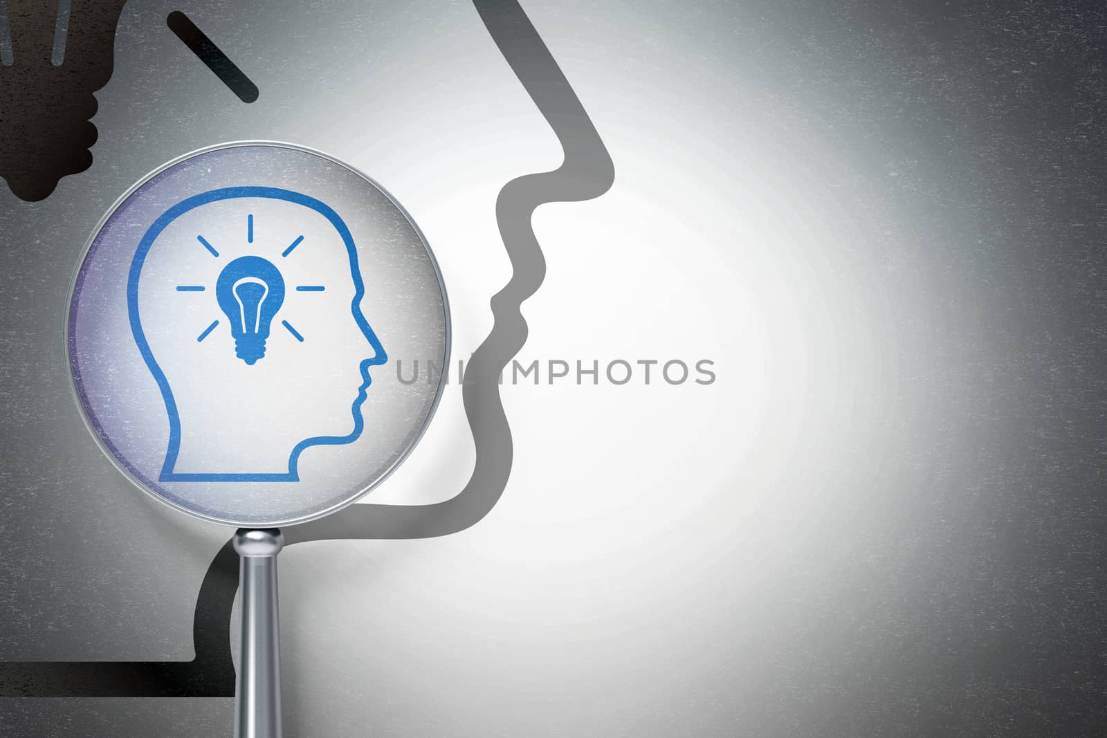 Data concept: magnifying optical glass with Head With Lightbulb icon on digital background, empty copyspace for card, text, advertising