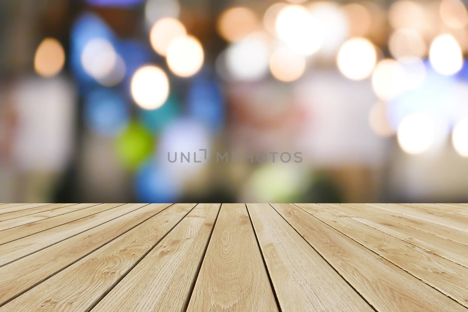 Perspective wood and bokeh light background. product display template