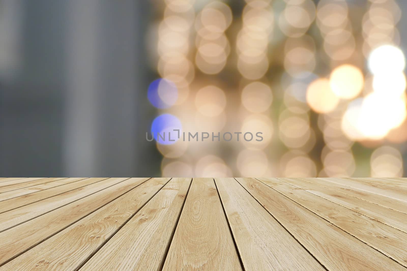 Perspective wood and bokeh light background. product display template