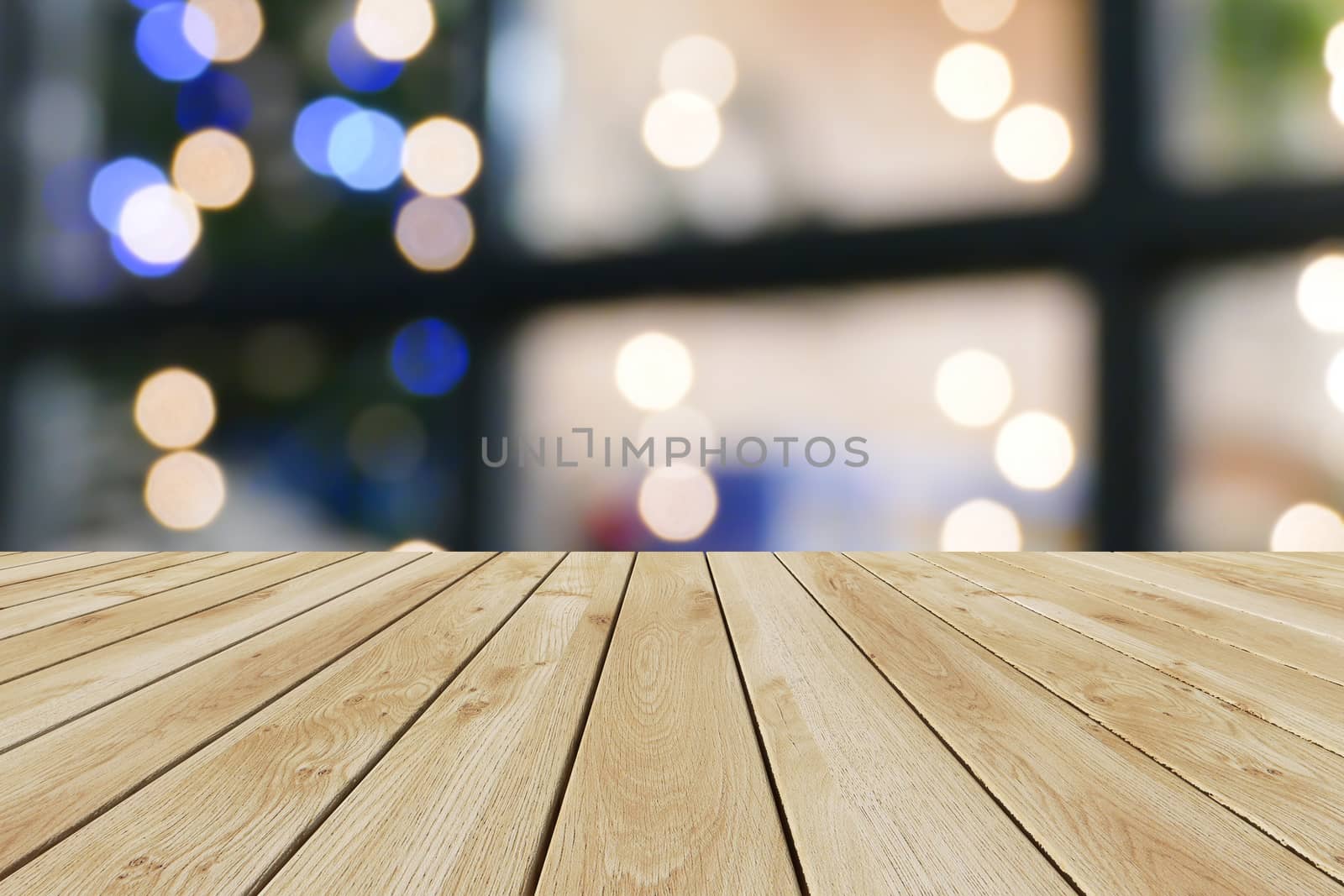 Perspective wood and bokeh light background. product display template