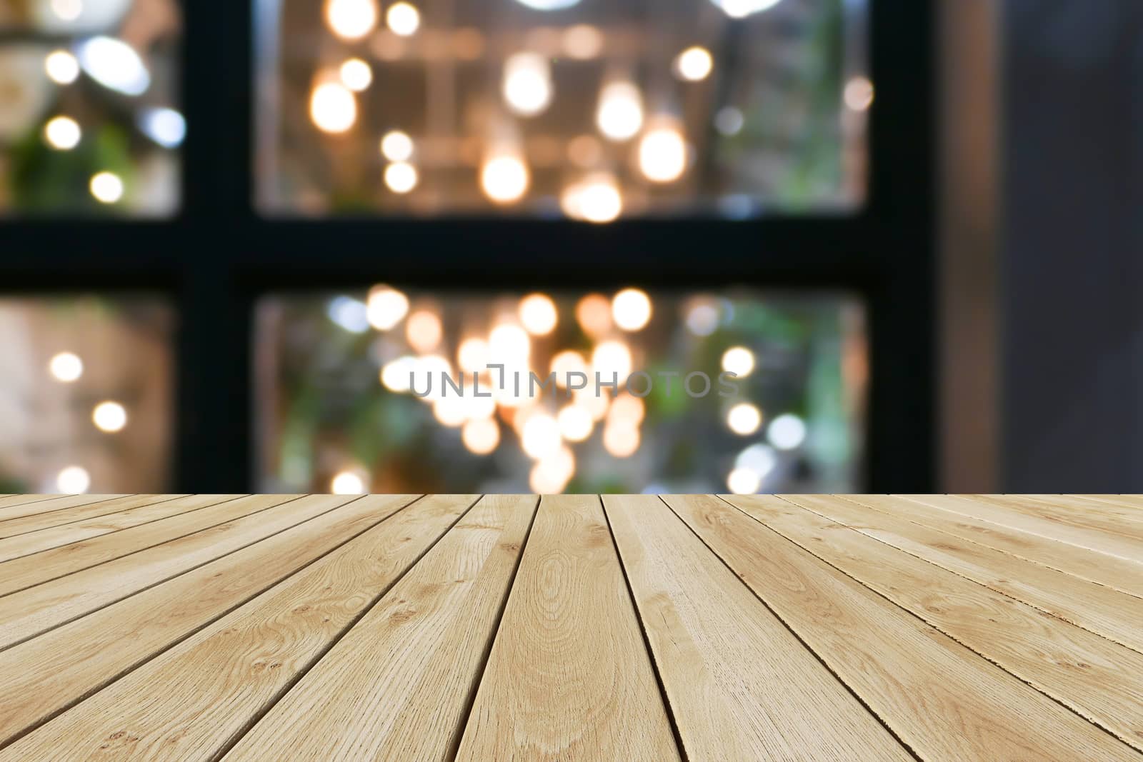 Perspective wood and bokeh light background. product display template