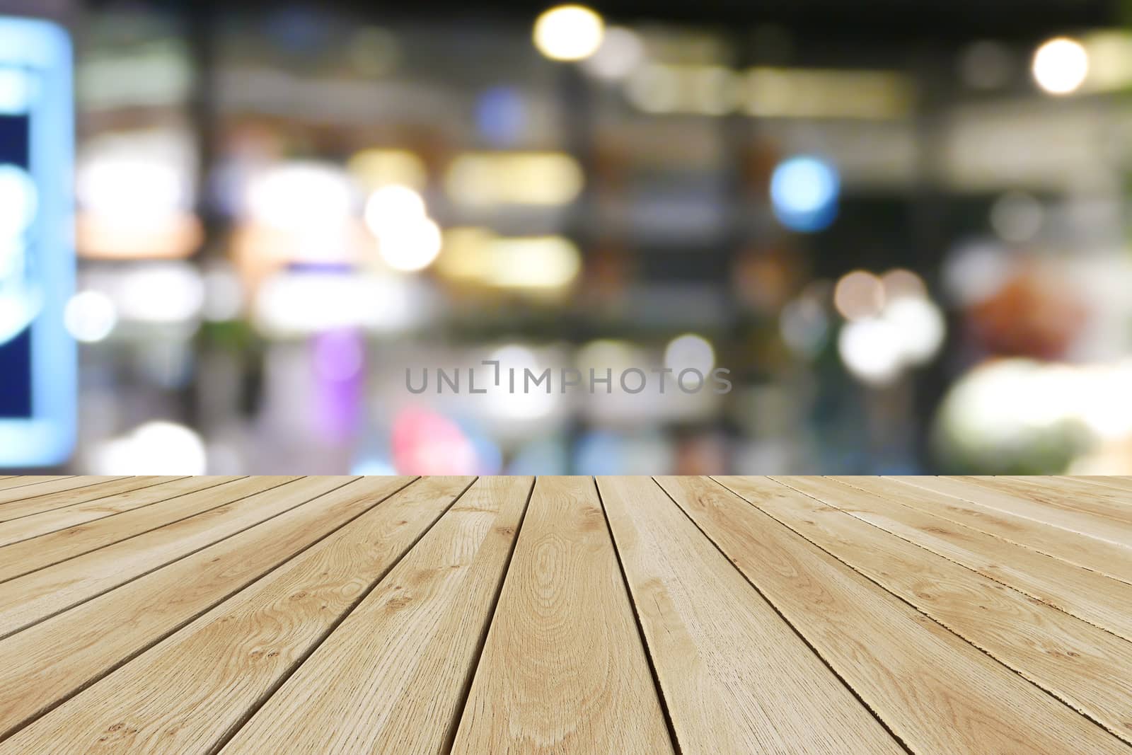 Perspective wood and bokeh light background by teerawit