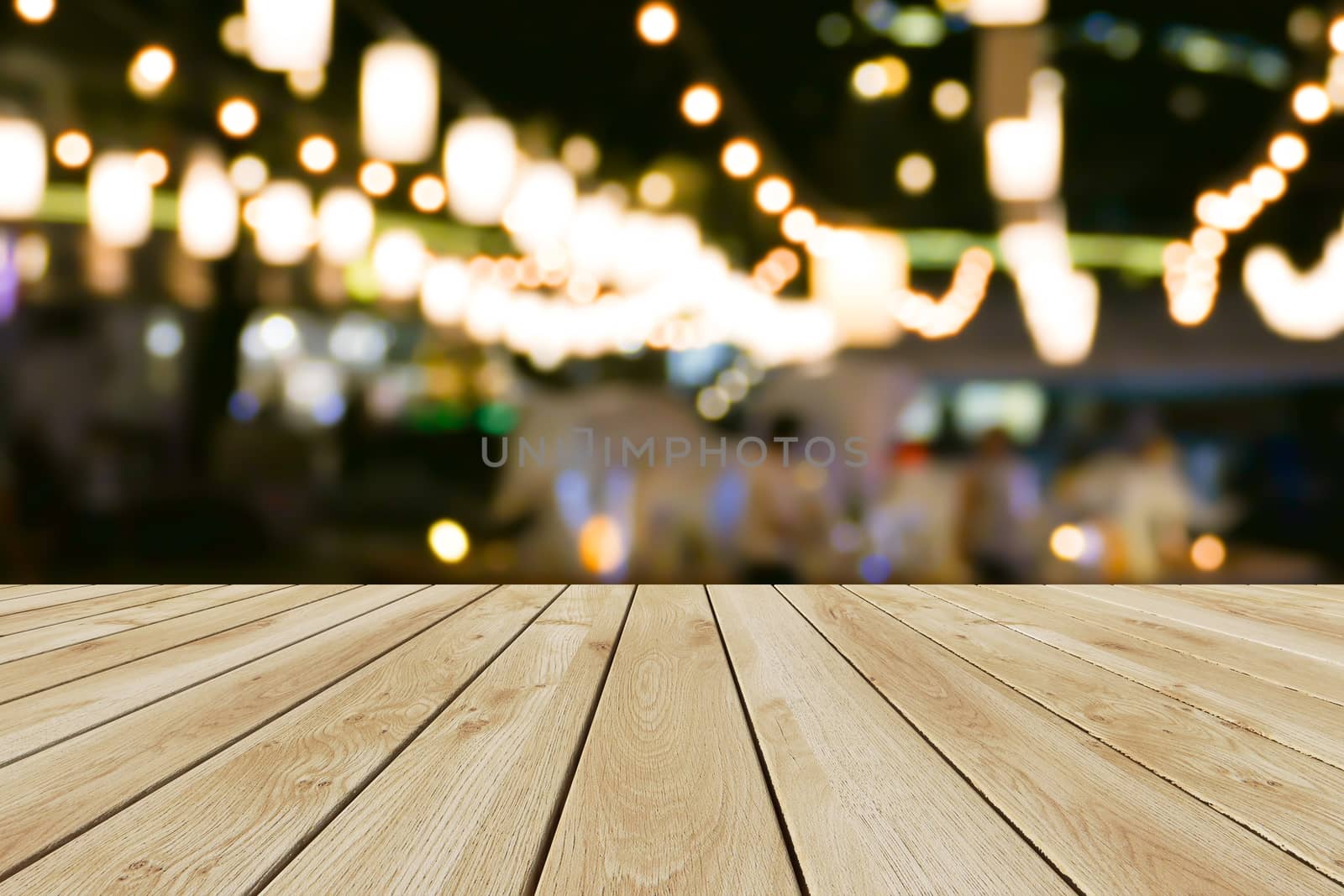 Perspective wood and bokeh light background. product display template