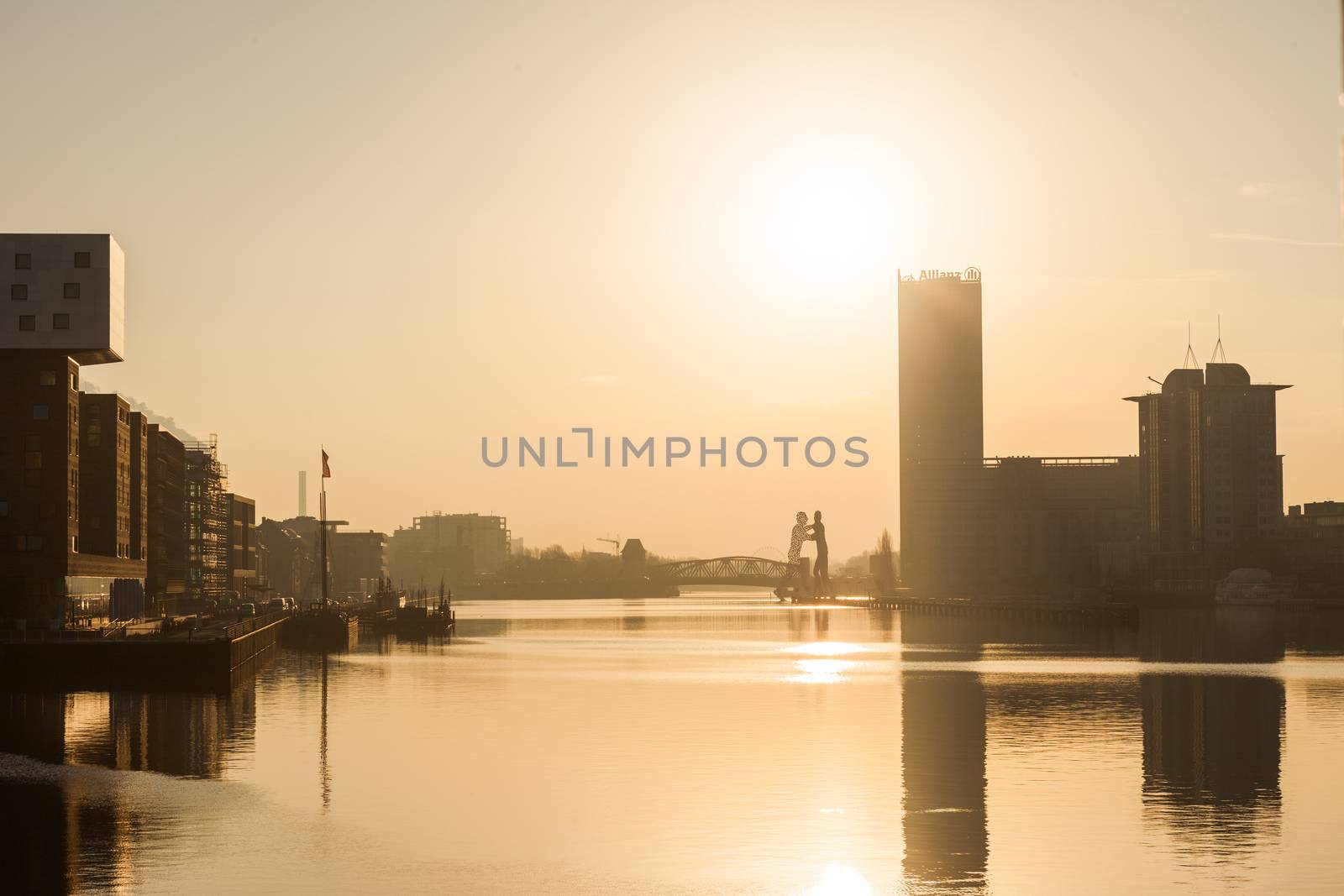 Berlin's River Spree, Molecule Men, and Treptowers at Dawn
