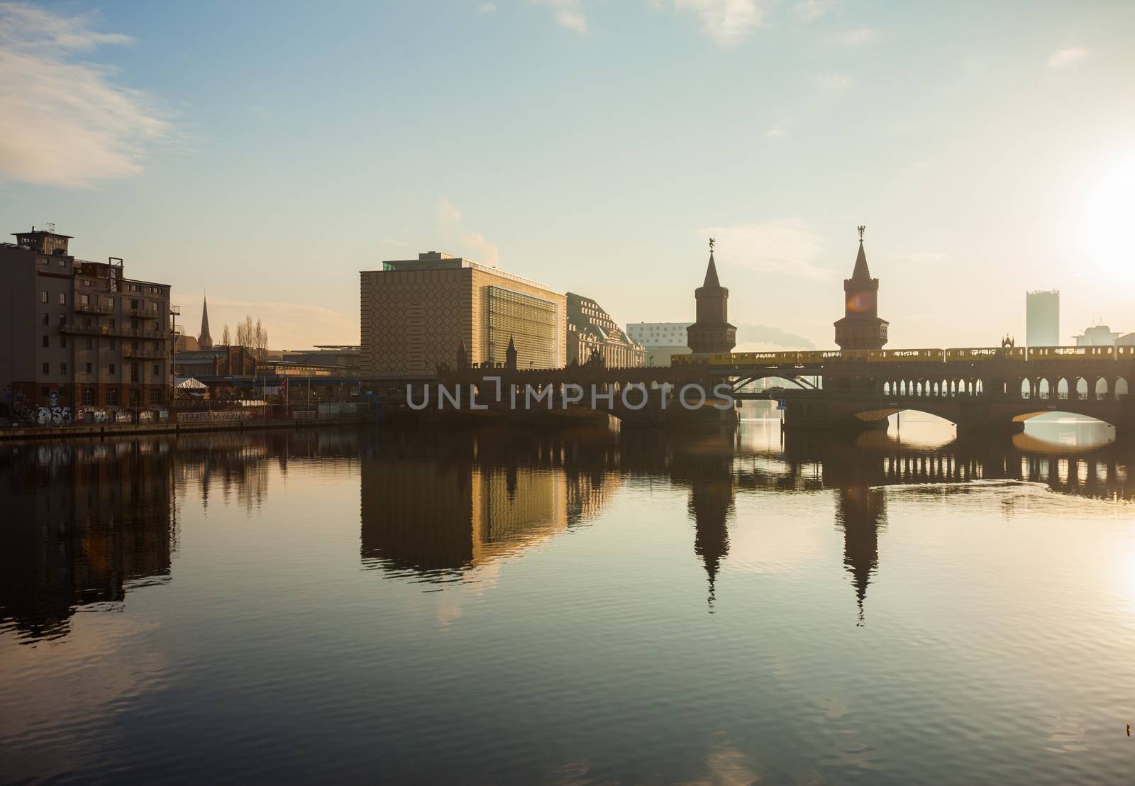 Oberbaum Bridge (Oberbaumbruecke) and Universal Music Building with River Spree, Berlin