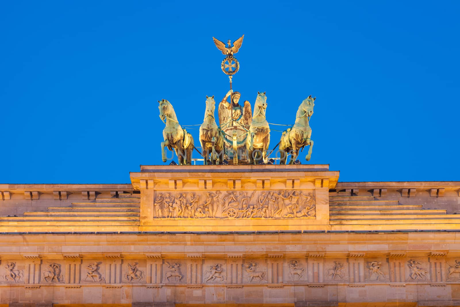 Quadriga detail view. Berlin's Brandenburg Gate (Brandenburger Tor) at dusk