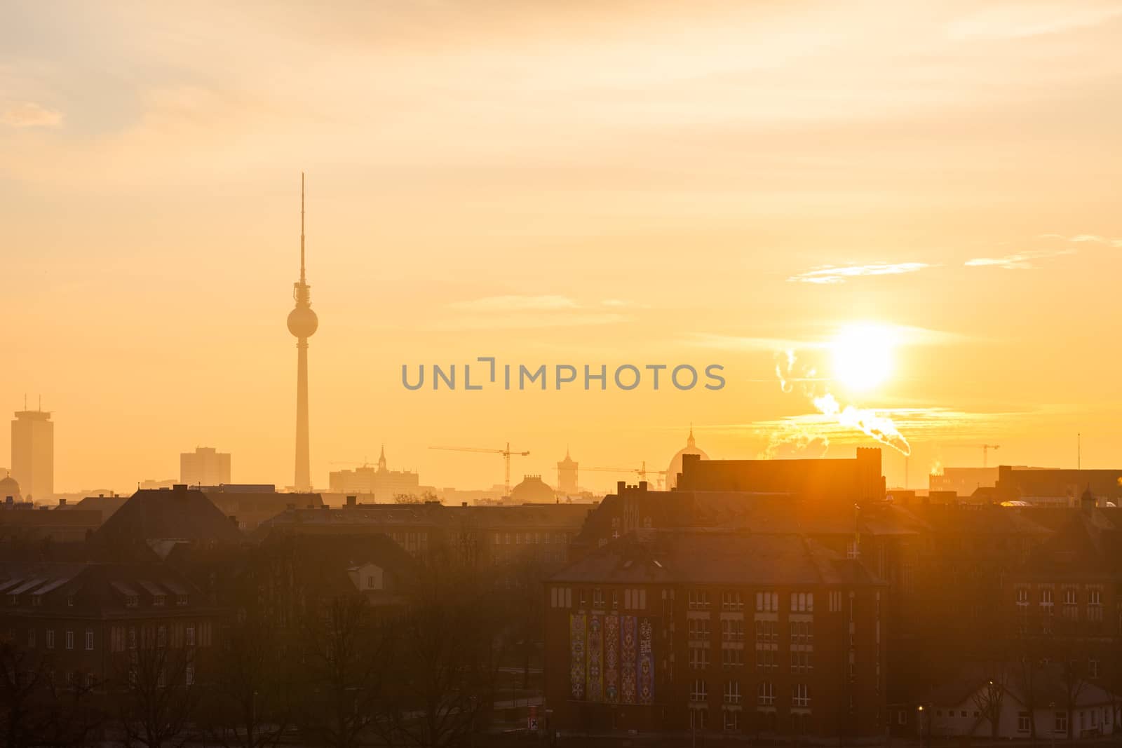 View over Berlin, Germany at sunrise with TV tower (Fernsehturm)