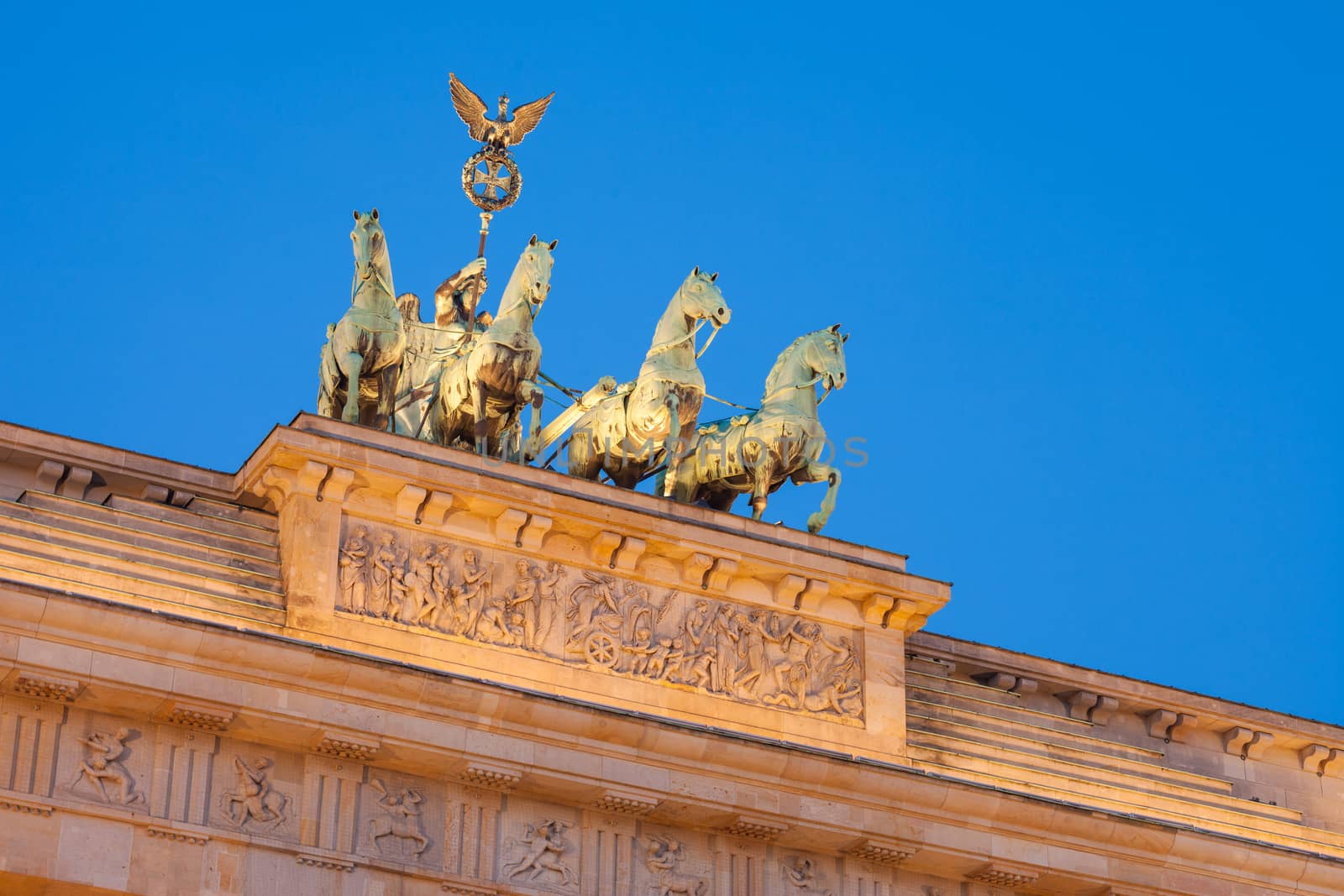 Quadriga detail view. Berlin's Brandenburg Gate (Brandenburger Tor) at dusk
