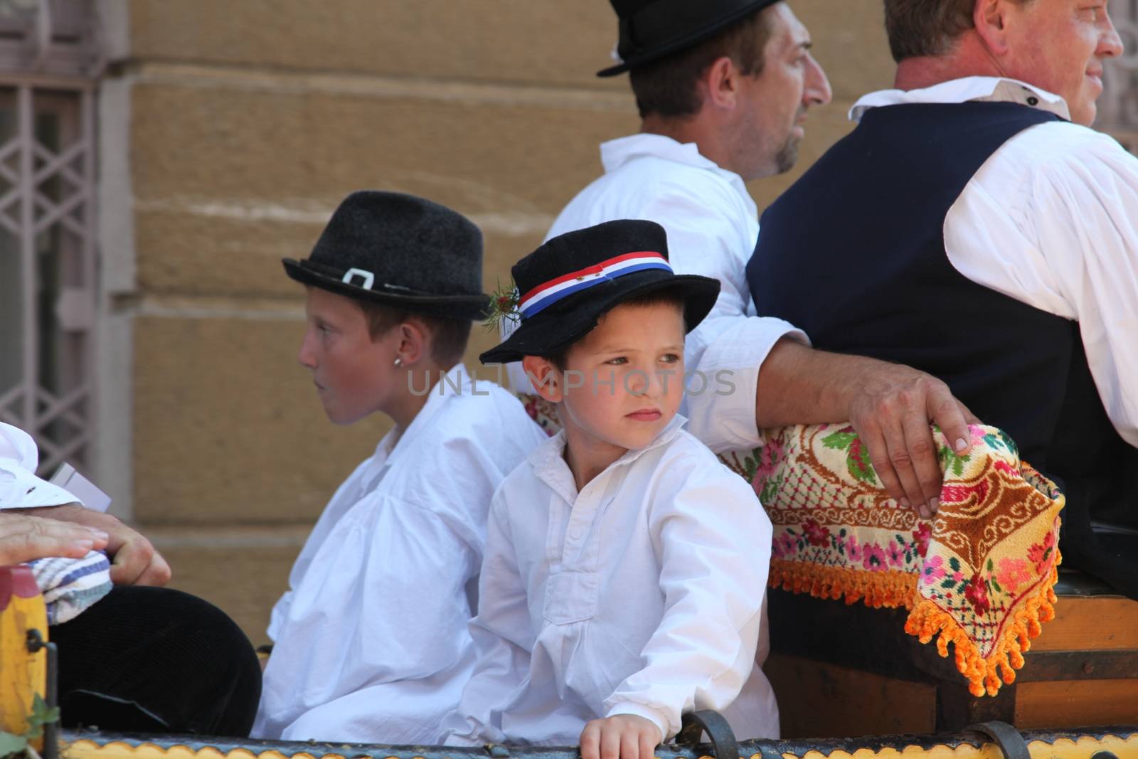 Croatian national costume at the horse and wedding wagon show during Dakovo vezovi (Dakovo Summer Festival) on July 05, 2009 in Dakovo, Croatia.