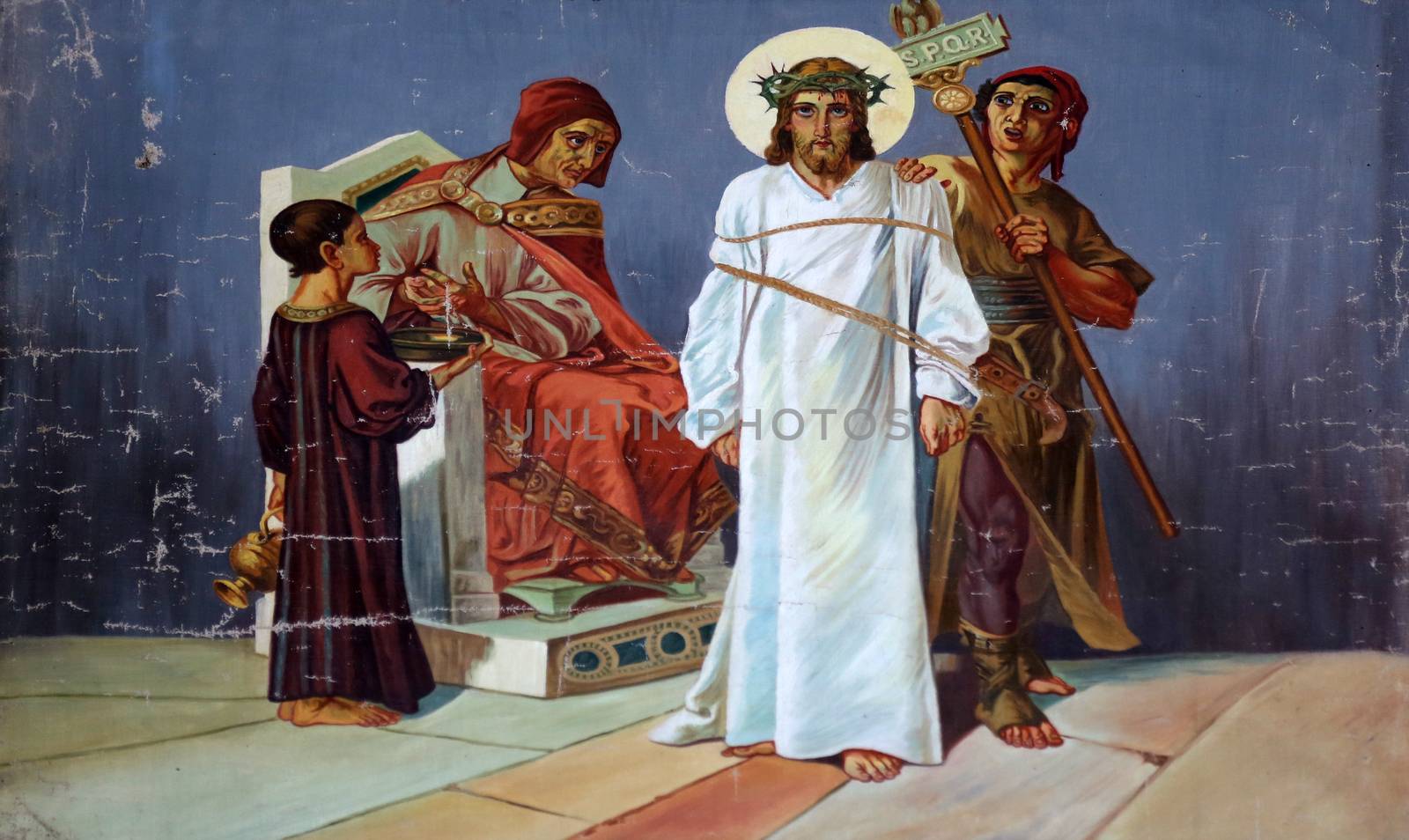 1st Stations of the Cross, Jesus is condemned to death, Church of St. Aloysius in in Travnik, Bosnia and Herzegovina
