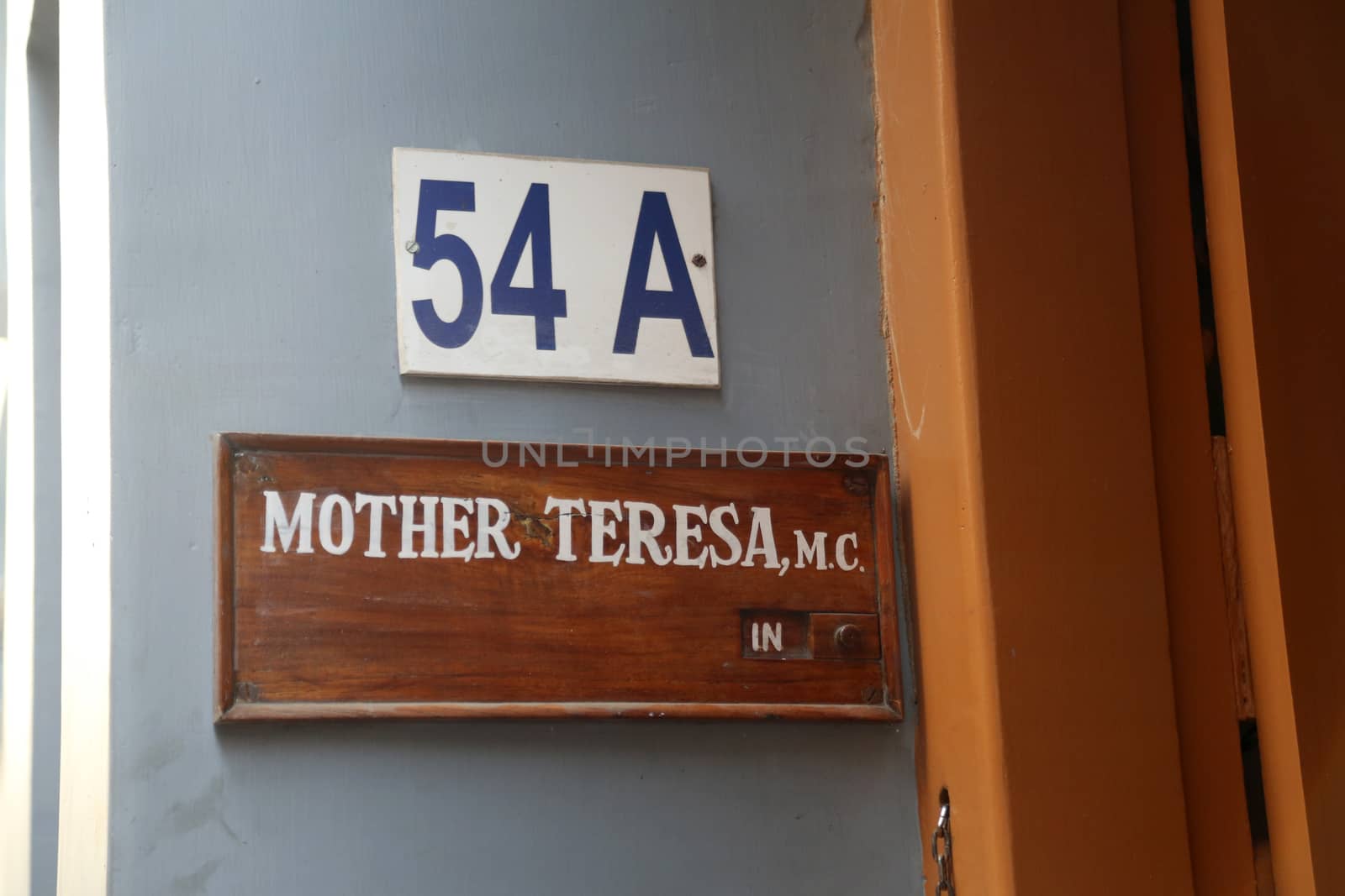 Sign on the entrance to Mother House, the residence of Mother Teresa in Kolkata, West Bengal, India
