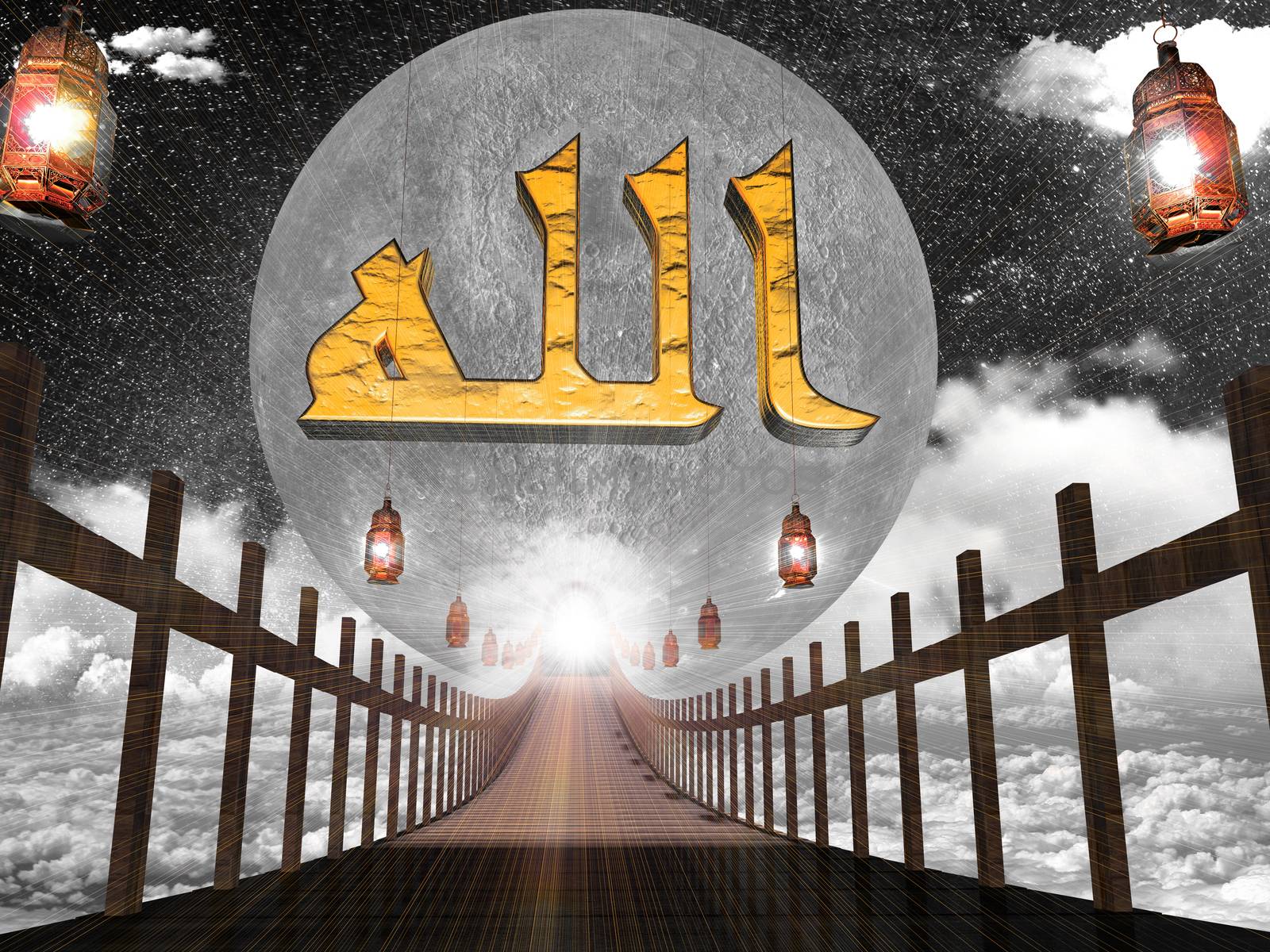 3d rendering  scene for islamic Eid Mubarak or other events | translation is: the god