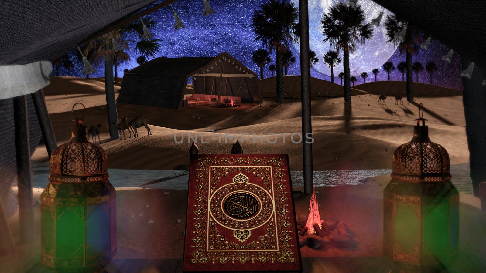 Eid Mubarak 3d illustration with wonderful scene elements as camels, fire palm trees and other detailed objects