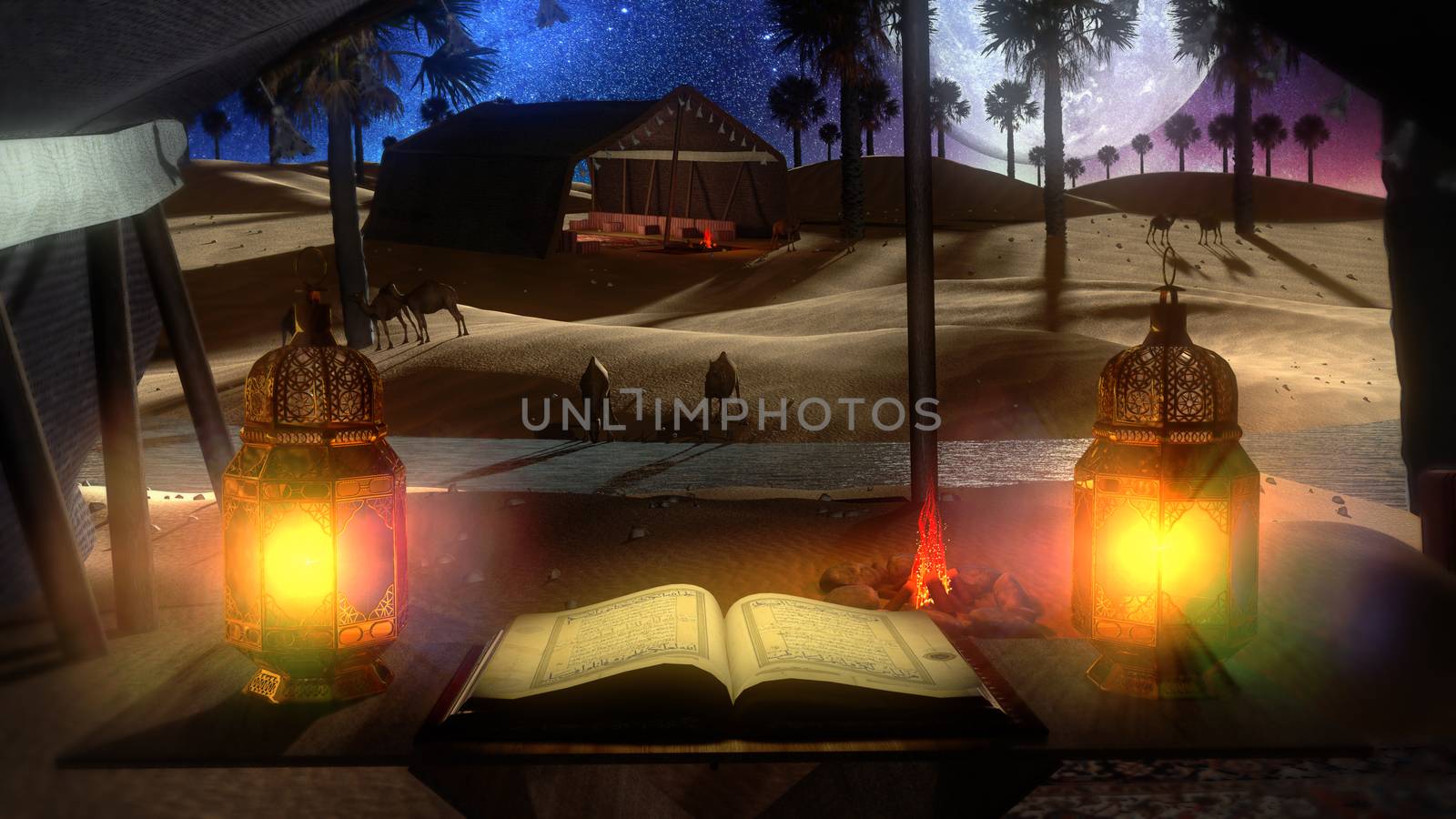 Eid Mubarak 3d illustration with wonderful scene elements as camels, fire palm trees and other detailed objects