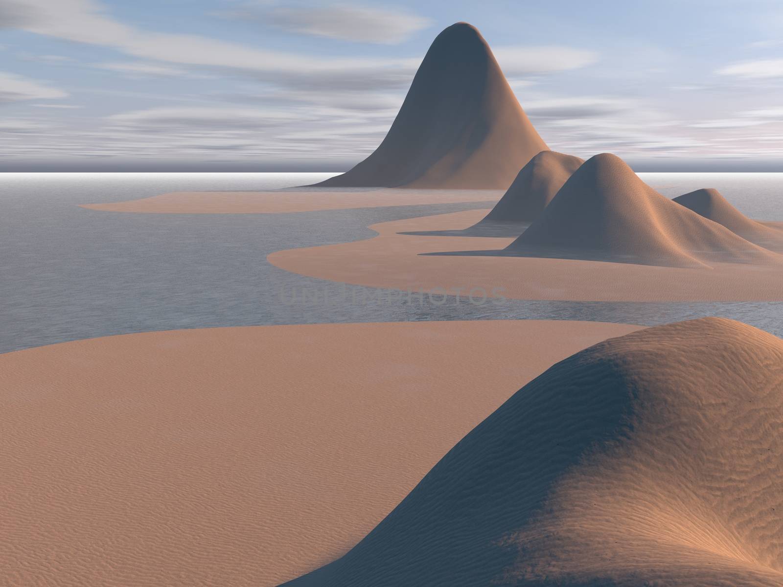 3d rendering of a Fantasy desert landscape with water and reflection