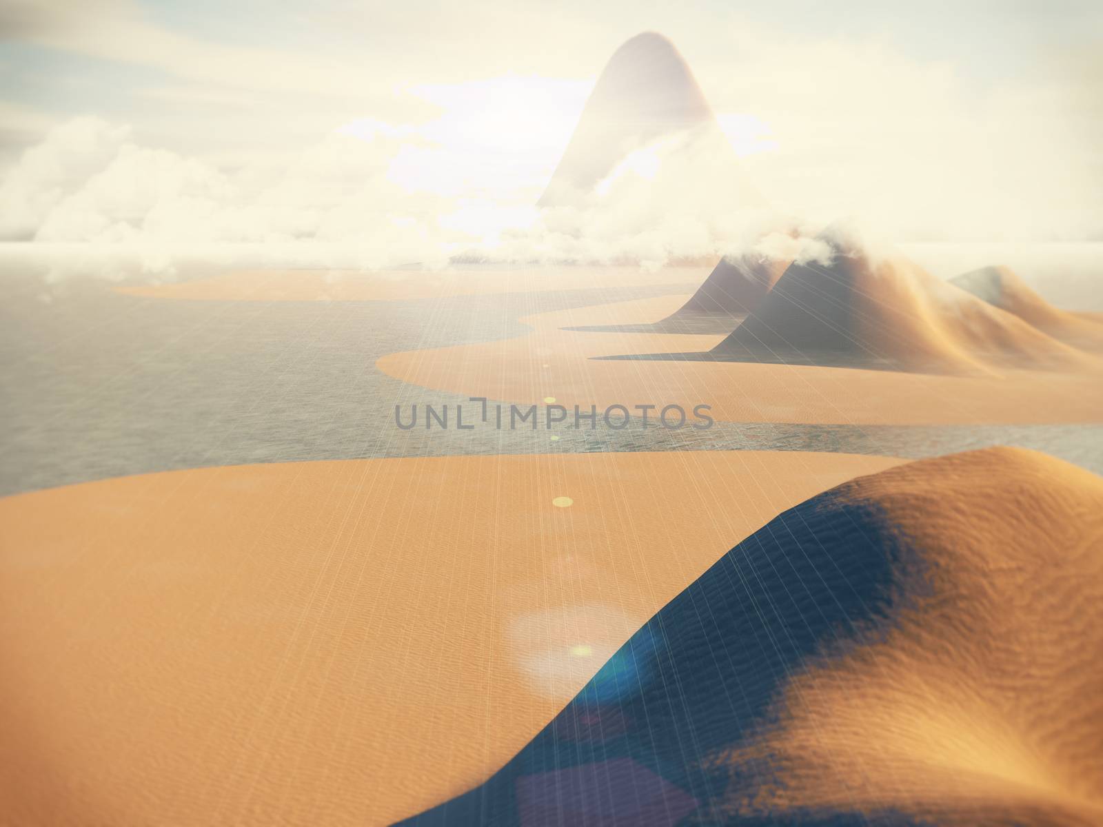 3d rendering of a Fantasy desert landscape with water and reflection