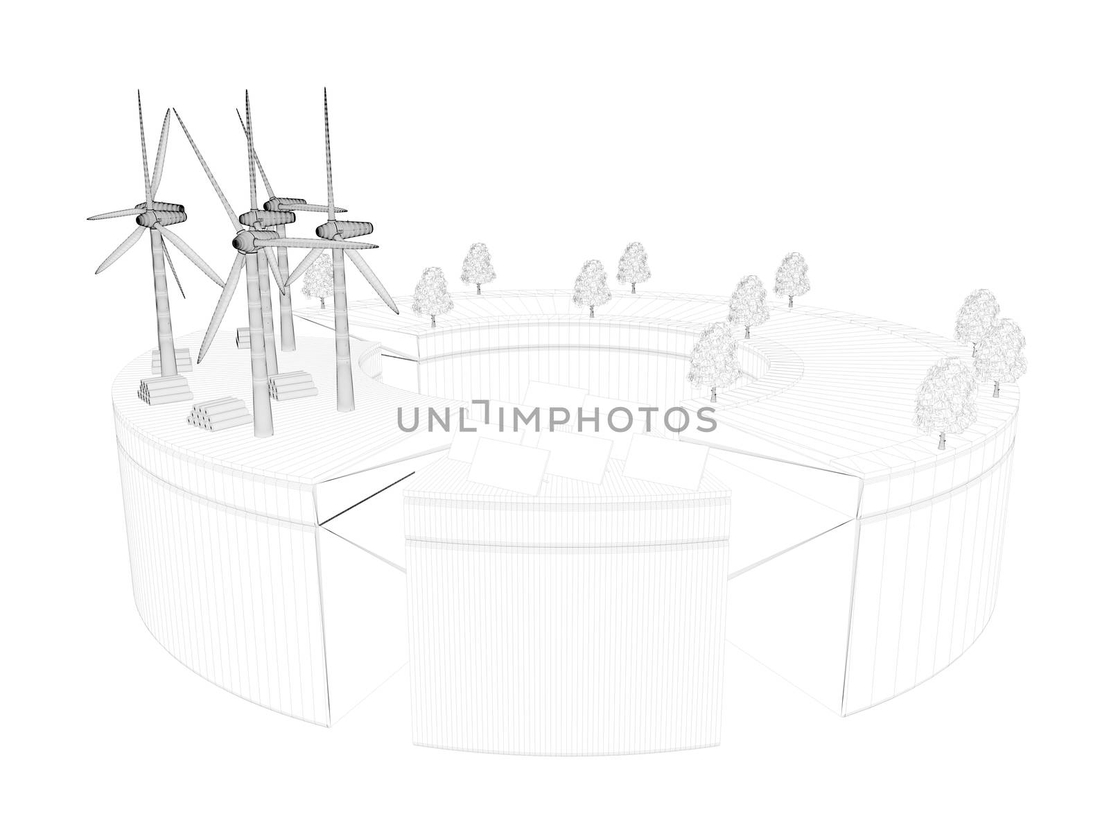 3d rendering of wireframed scene inside a white  scene with outlined lines