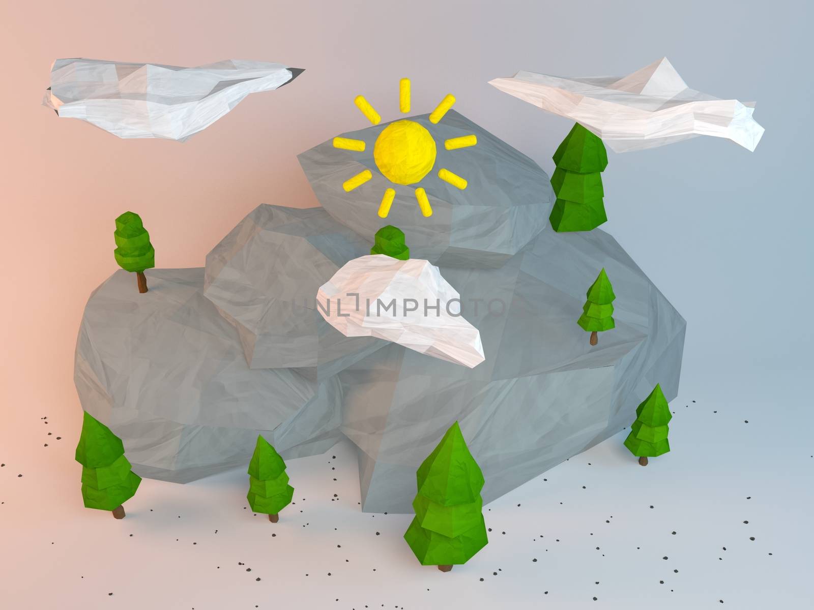 3d rendering of low poly stylized trees and rocks. Objects in the spot of soft light. Colorful cartoon geometric elements with realistic shadows on white background. 