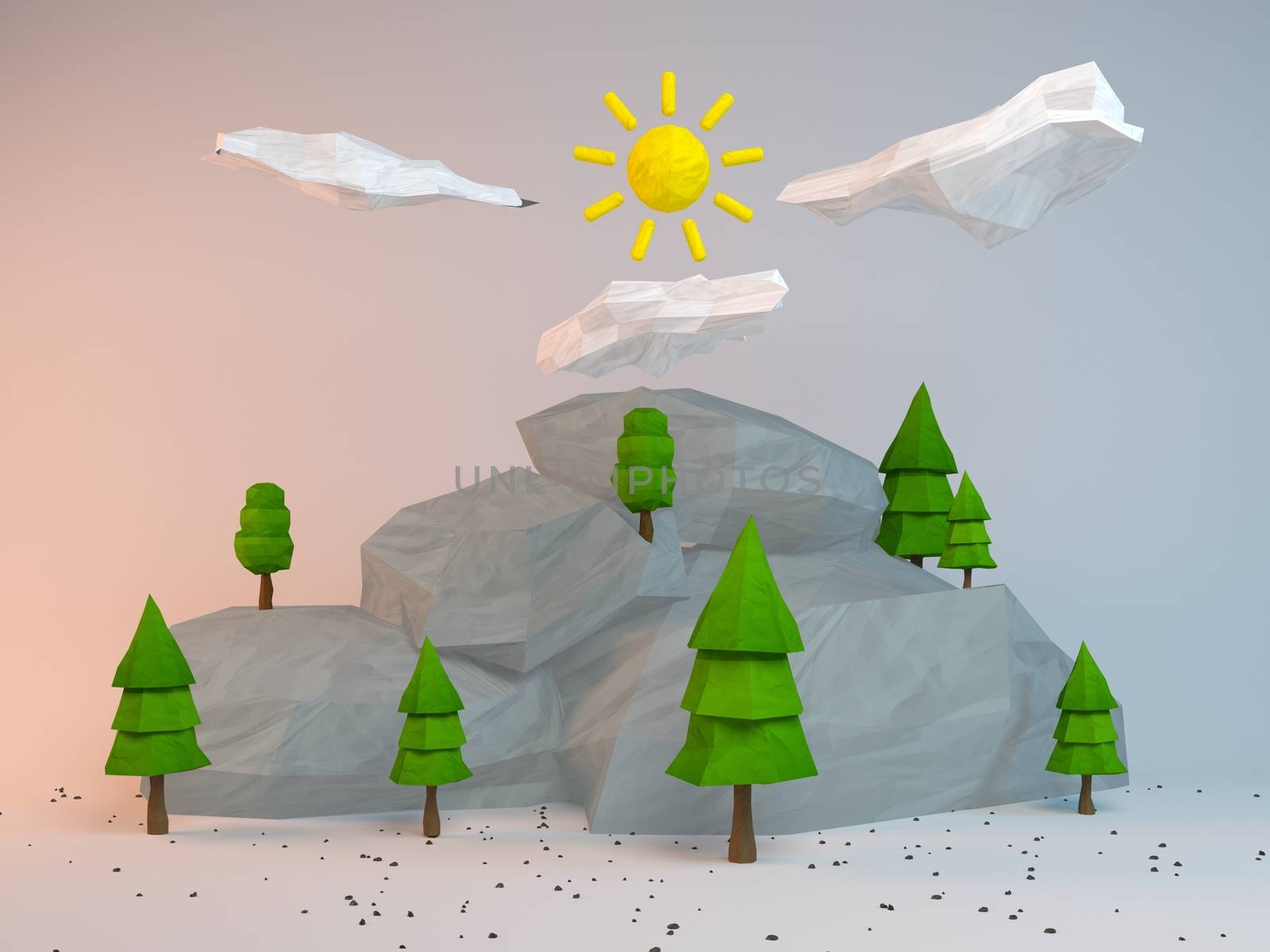 3d rendering of low poly stylized trees and rocks. Objects in the spot of soft light. Colorful cartoon geometric elements with realistic shadows on white background. 