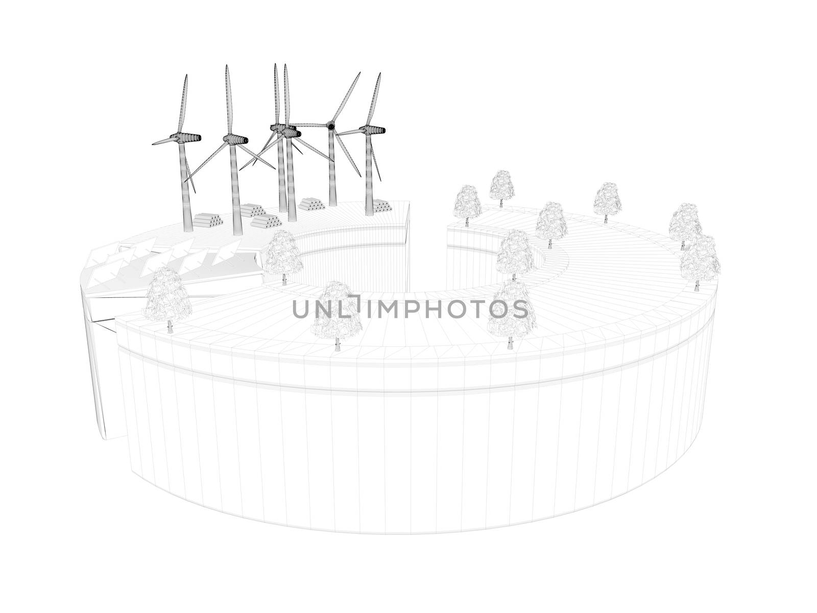 3d rendering of wireframed scene inside a white  scene with outlined lines