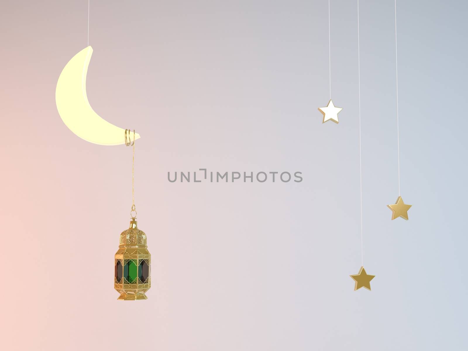 3d rendering Ramadan Kareem 3d illustration with a moon and a lantern attached to it